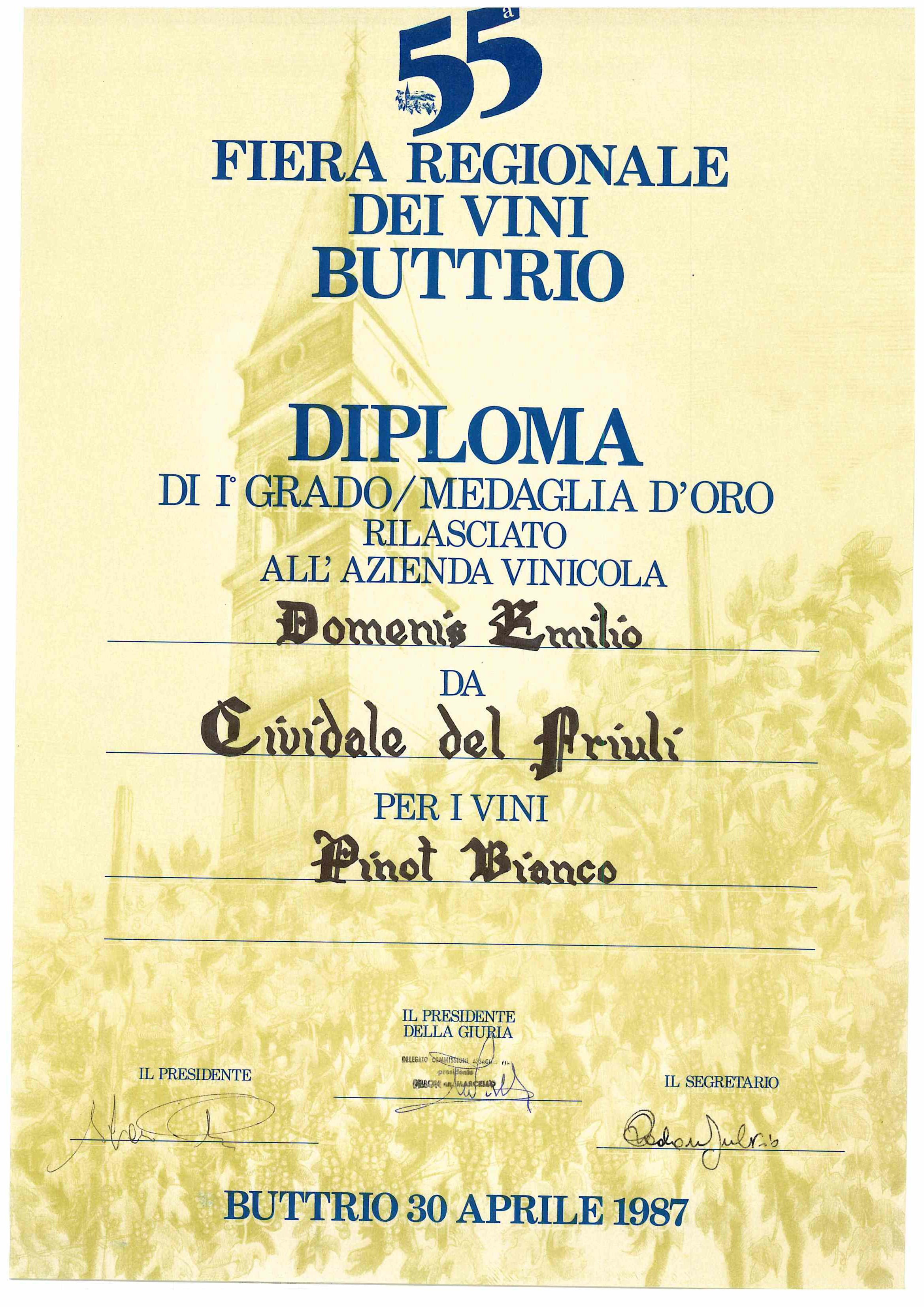 Mostra regionale dei vini buttrio 1987 – Pinot Bianco