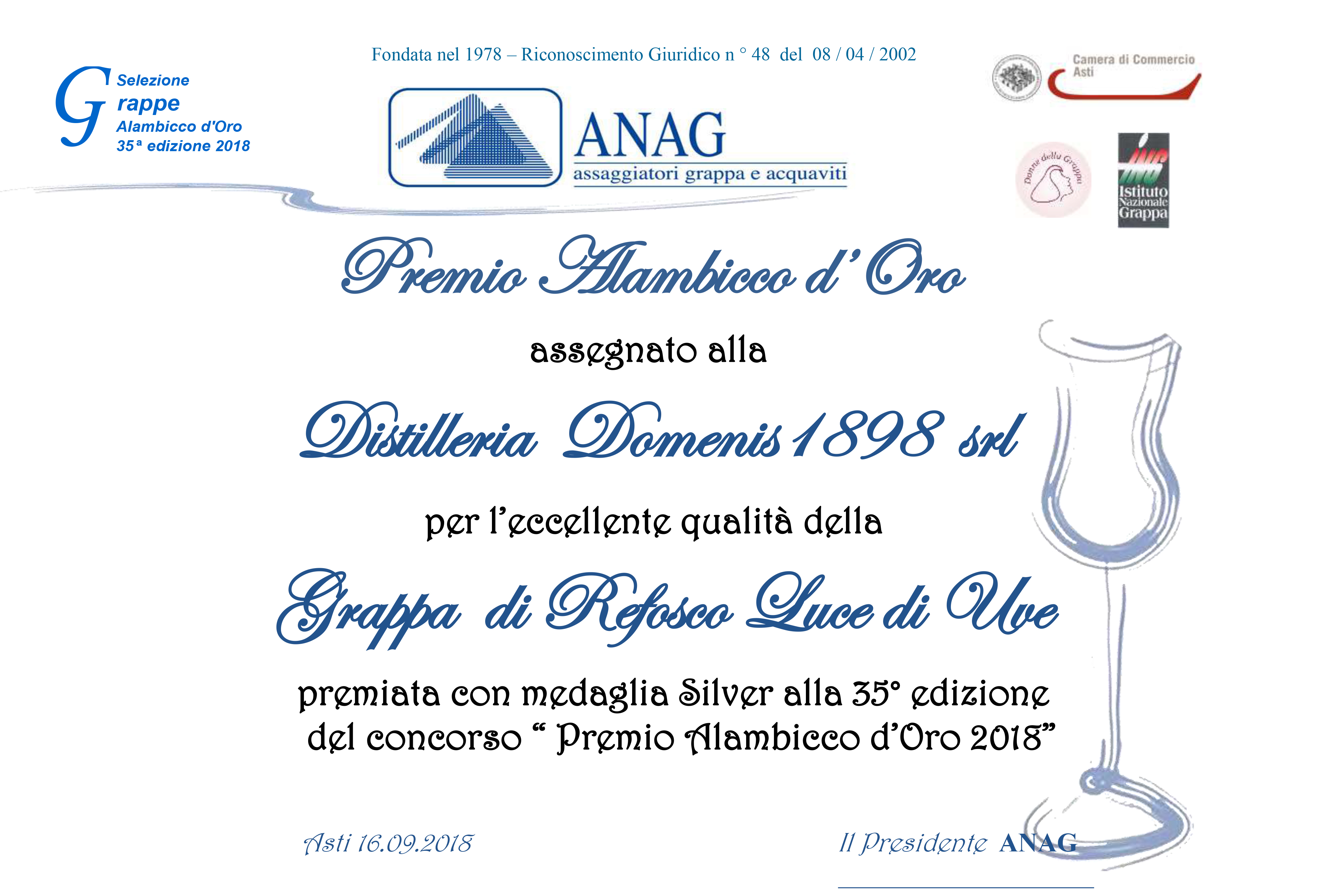 PREMIO ALAMBICCO D’ORO 2018 – MEDAGLIA SILVER – LUCE DI UVE GRAPPA DI REFOSCO