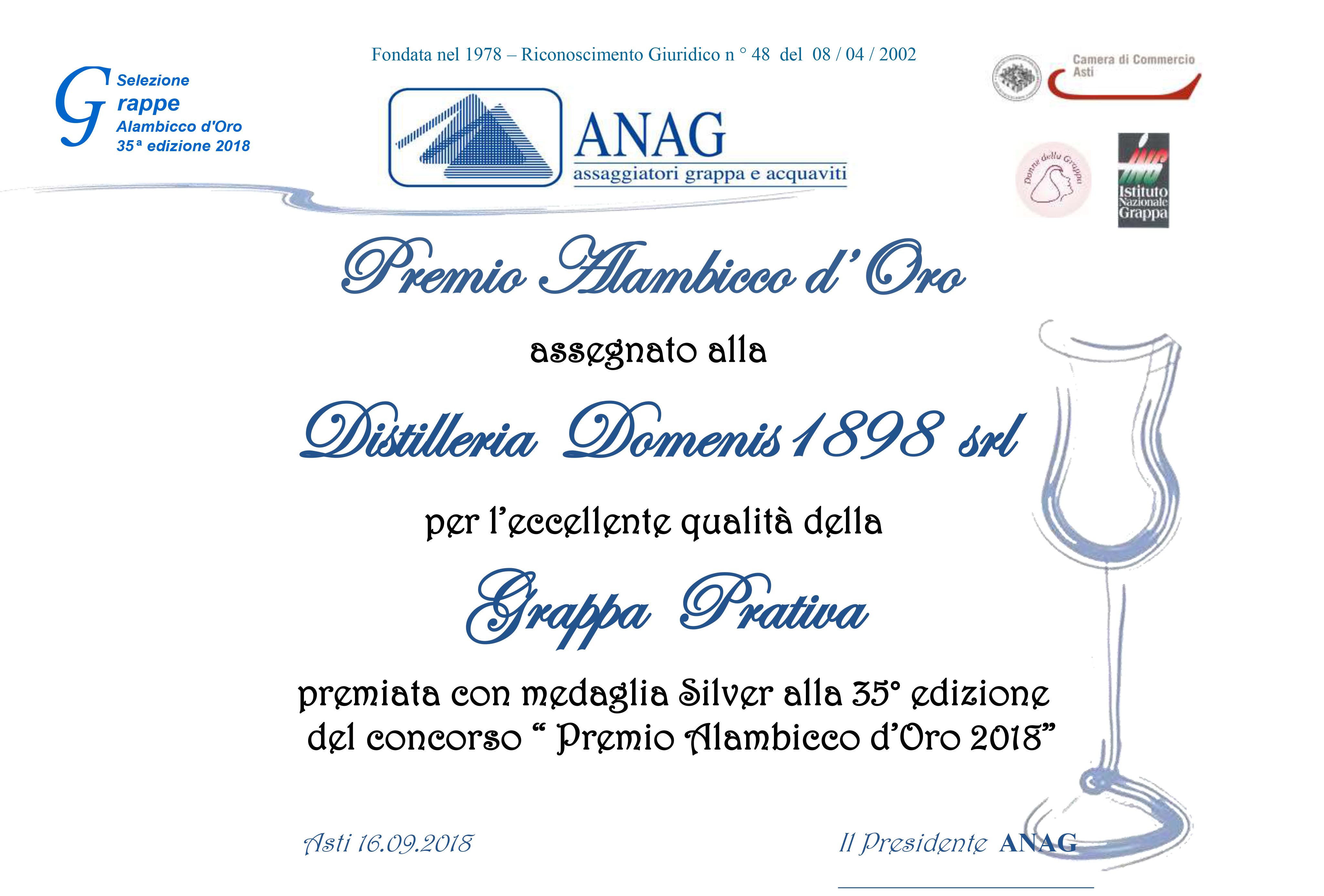 PREMIO ALAMBICCO D’ORO 2018 – MEDAGLIA SILVER – FUTURA BIO PRATIVA