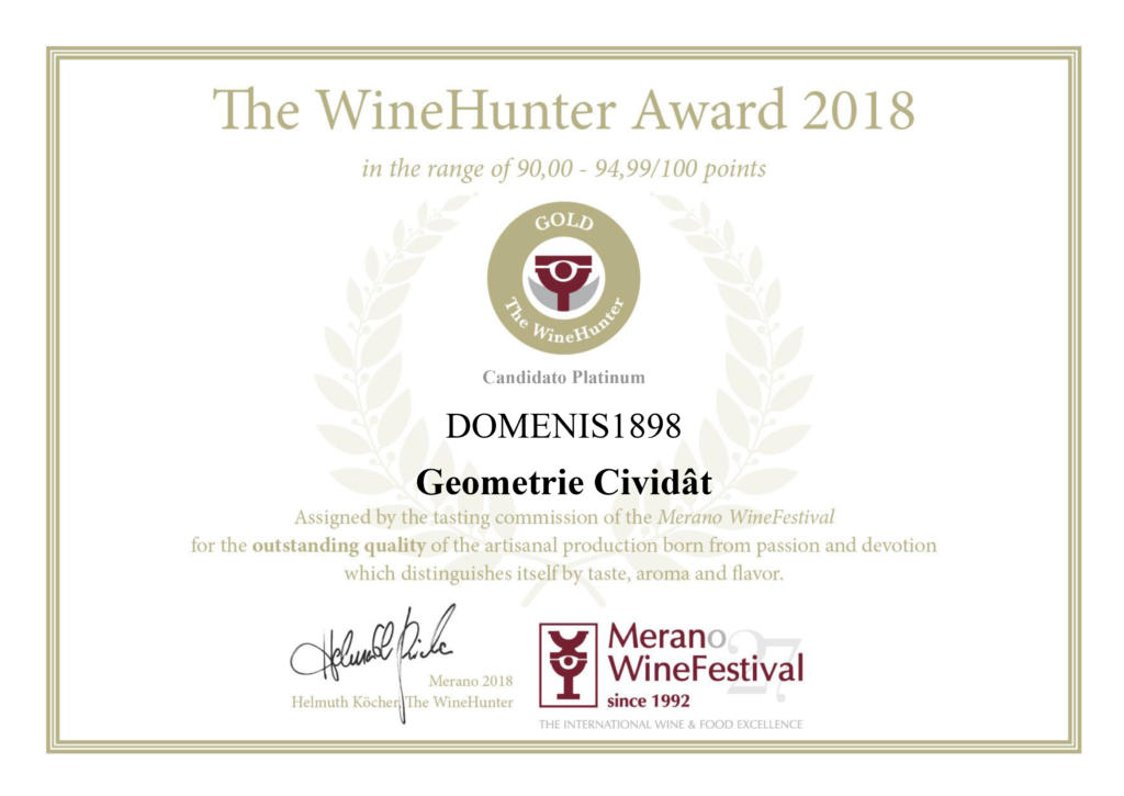 WINEHUNTER AWARD 2018 - PREMIO ORO - Geometrie Cividat - Candidato platinum