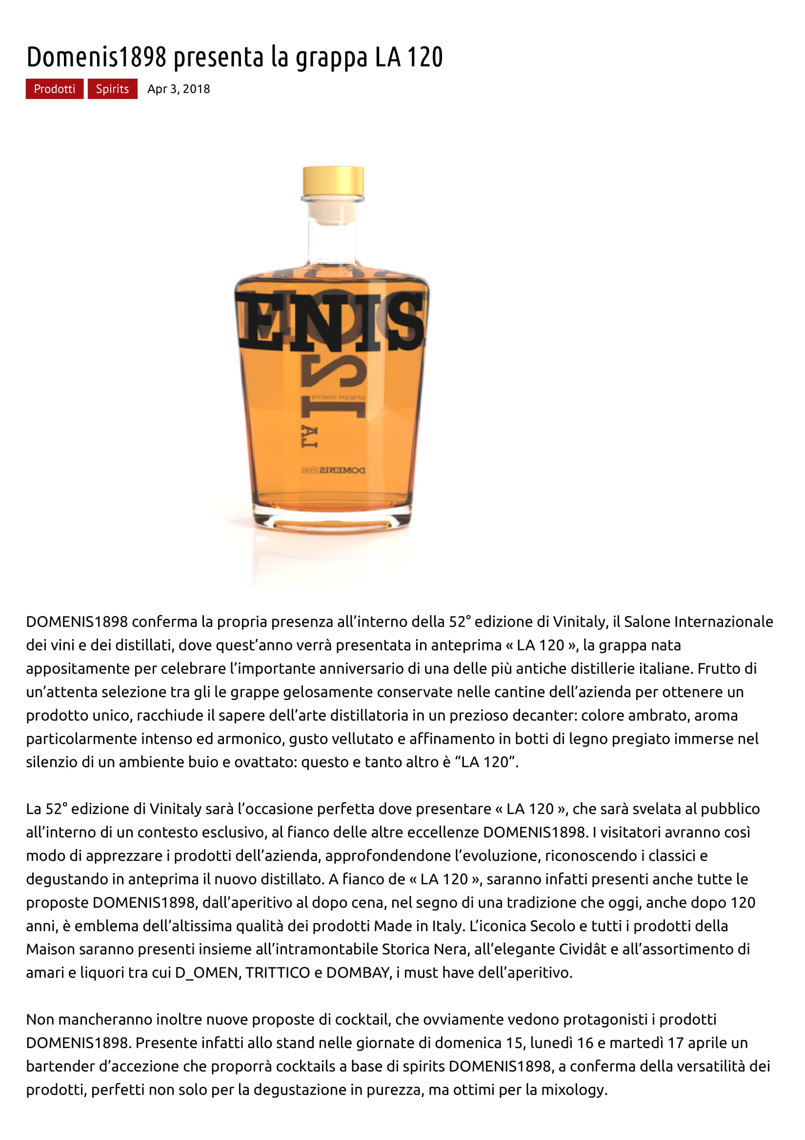 2018 aprile 03: Domenis1898 presenta la grappa LA 120
