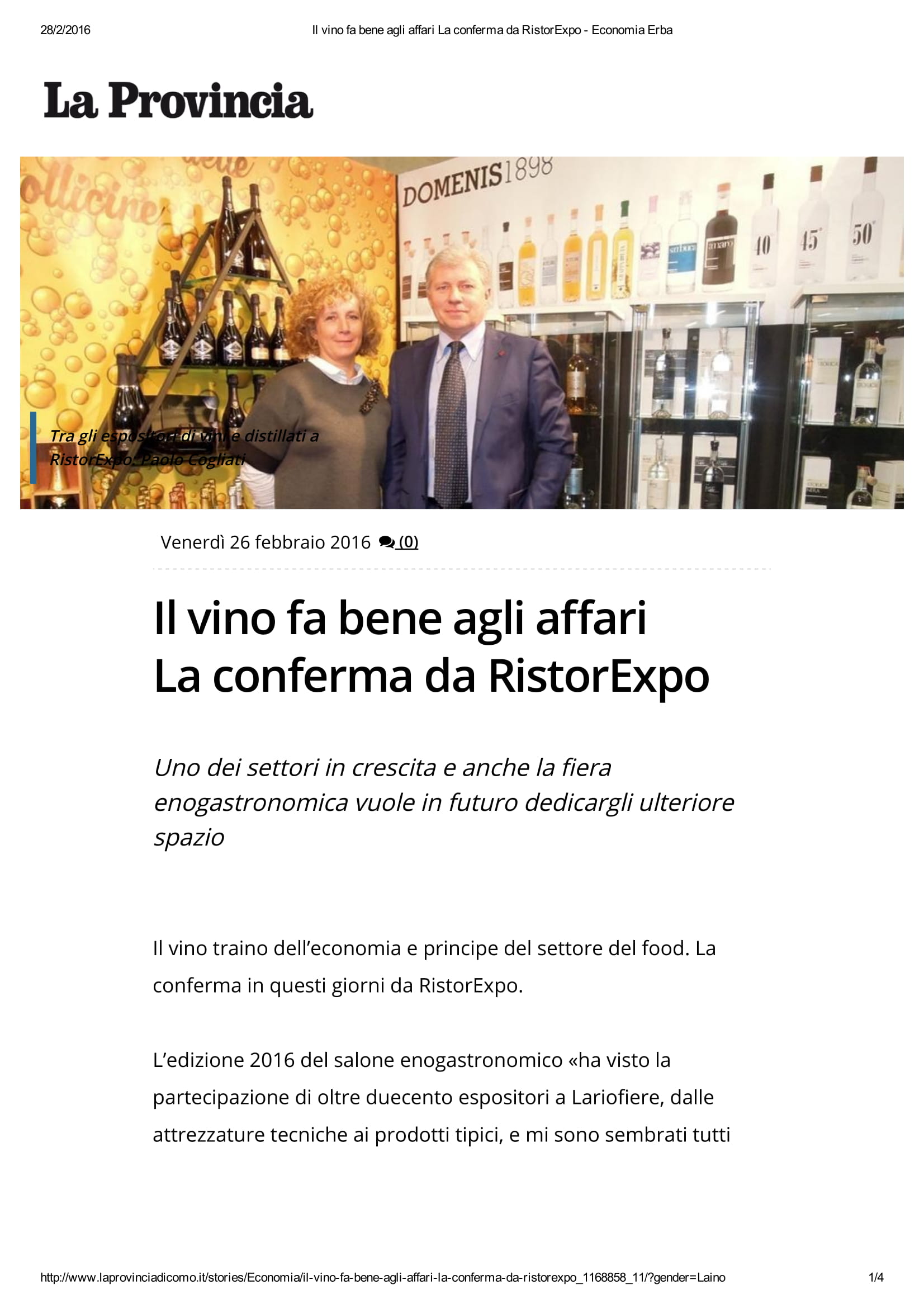 2016 02 26 Il vino fa bene agli affari La conferma da RistorExpo