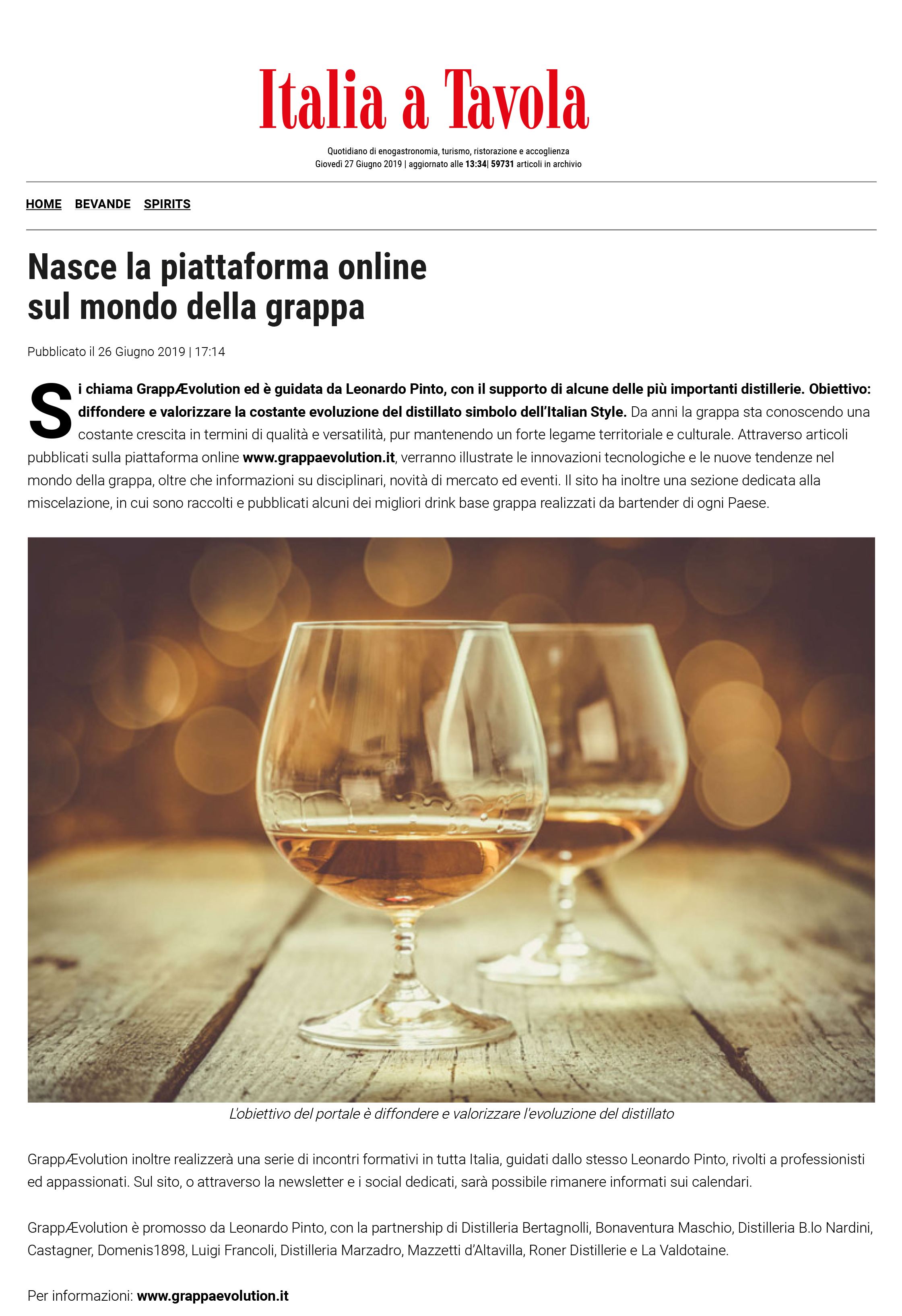 2019 giugno 26: Italia a Tavola – Nasce la piattaforma online sul mondo della grappa