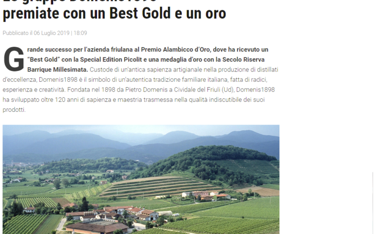 2019 luglio 06: Italia a Tavola – Le grappe Domenis1898  premiate con un Best Gold e un oro