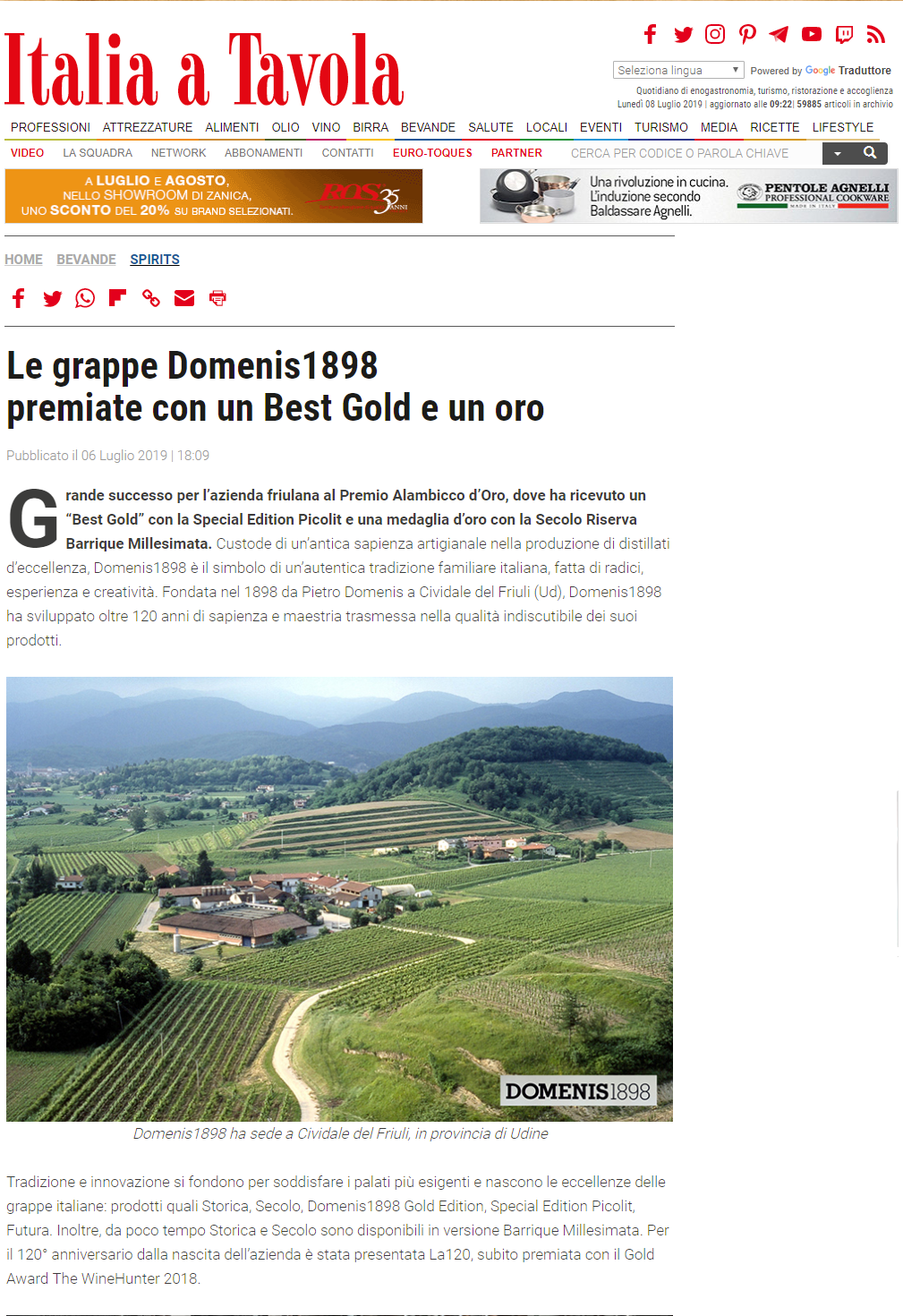 2019 luglio 06: Italia a Tavola – Le grappe Domenis1898  premiate con un Best Gold e un oro