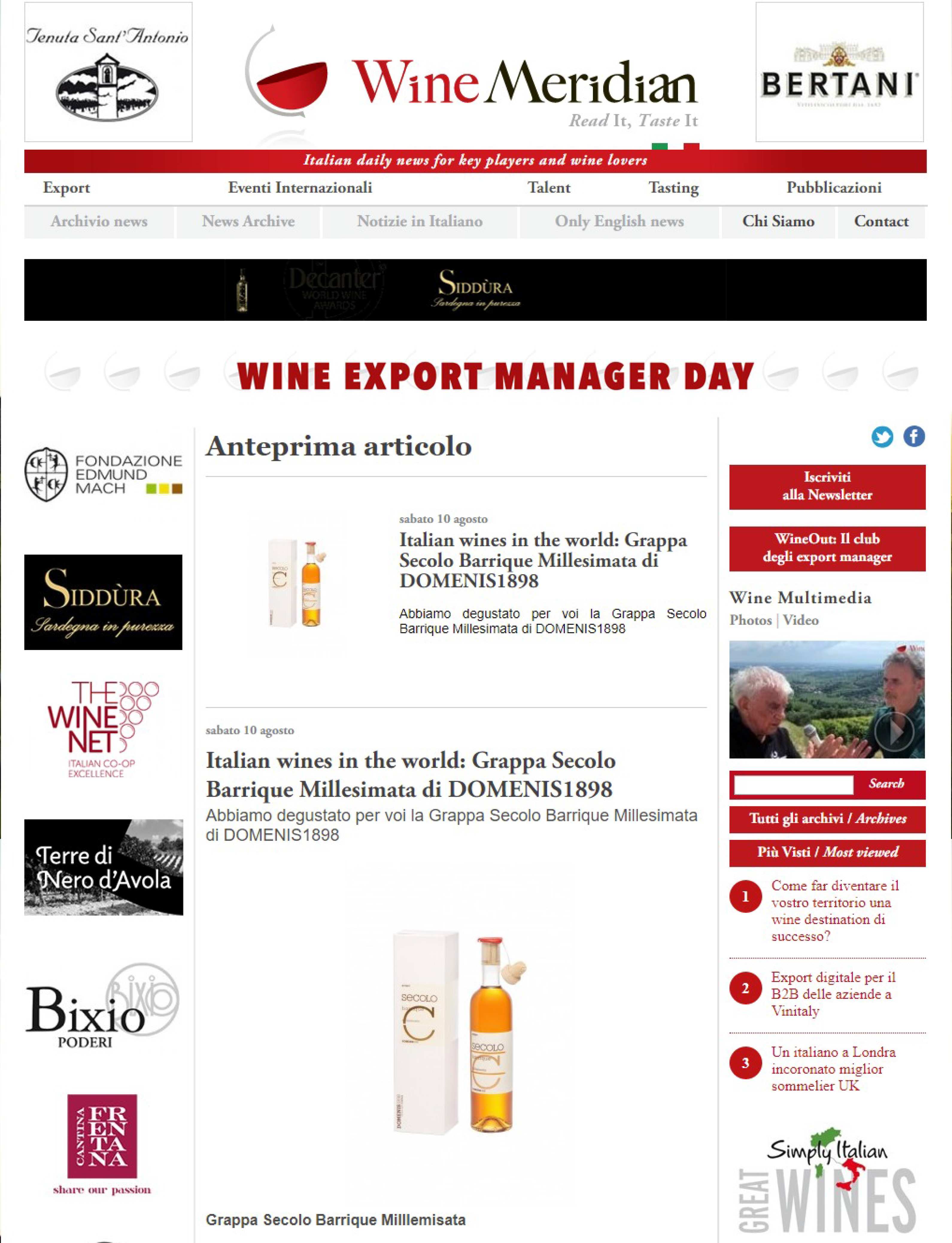 2019 agosto 10: WineMeridian – Italian wines in the world: Grappa Secolo Barrique Millesimata di DOMENIS1898