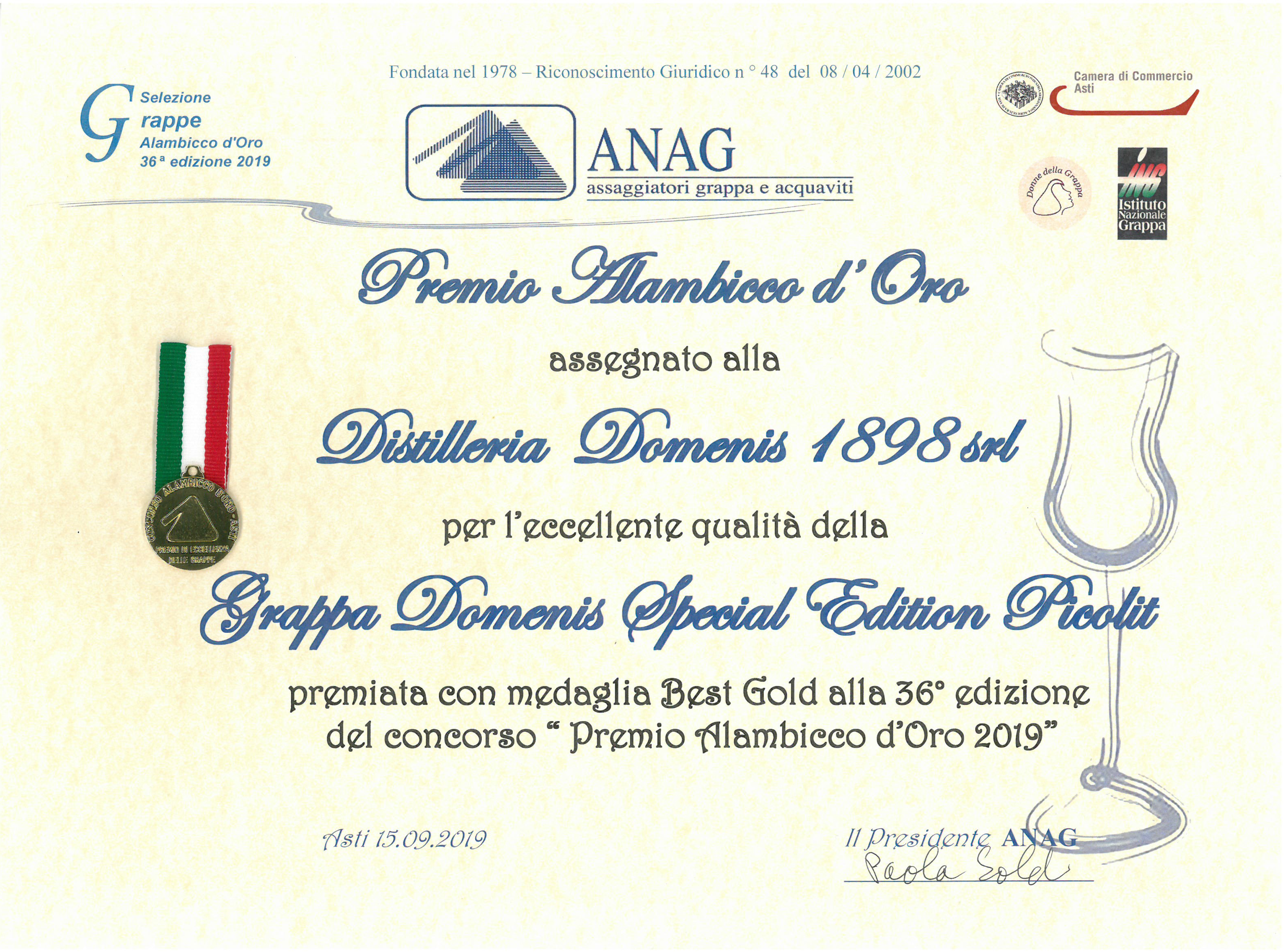 PREMIO ALAMBICCO D’ORO 2019 – MEDAGLIA BEST GOLD – DOMENIS SPECIAL EDITION PICOLIT
