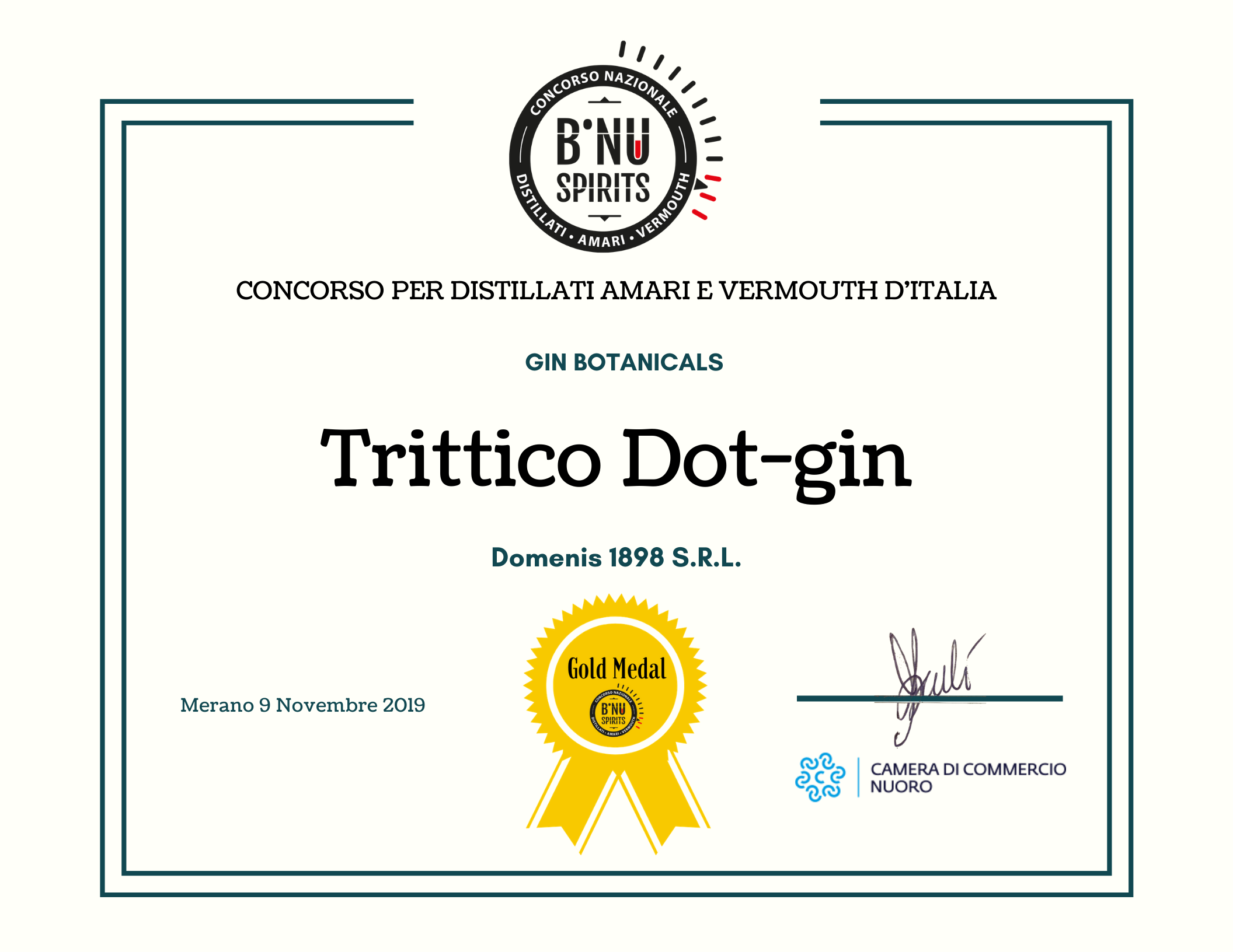 B’NU SPIRITS 2019 – MEDAGLIA D’ORO – TRITTICO DOT GIN