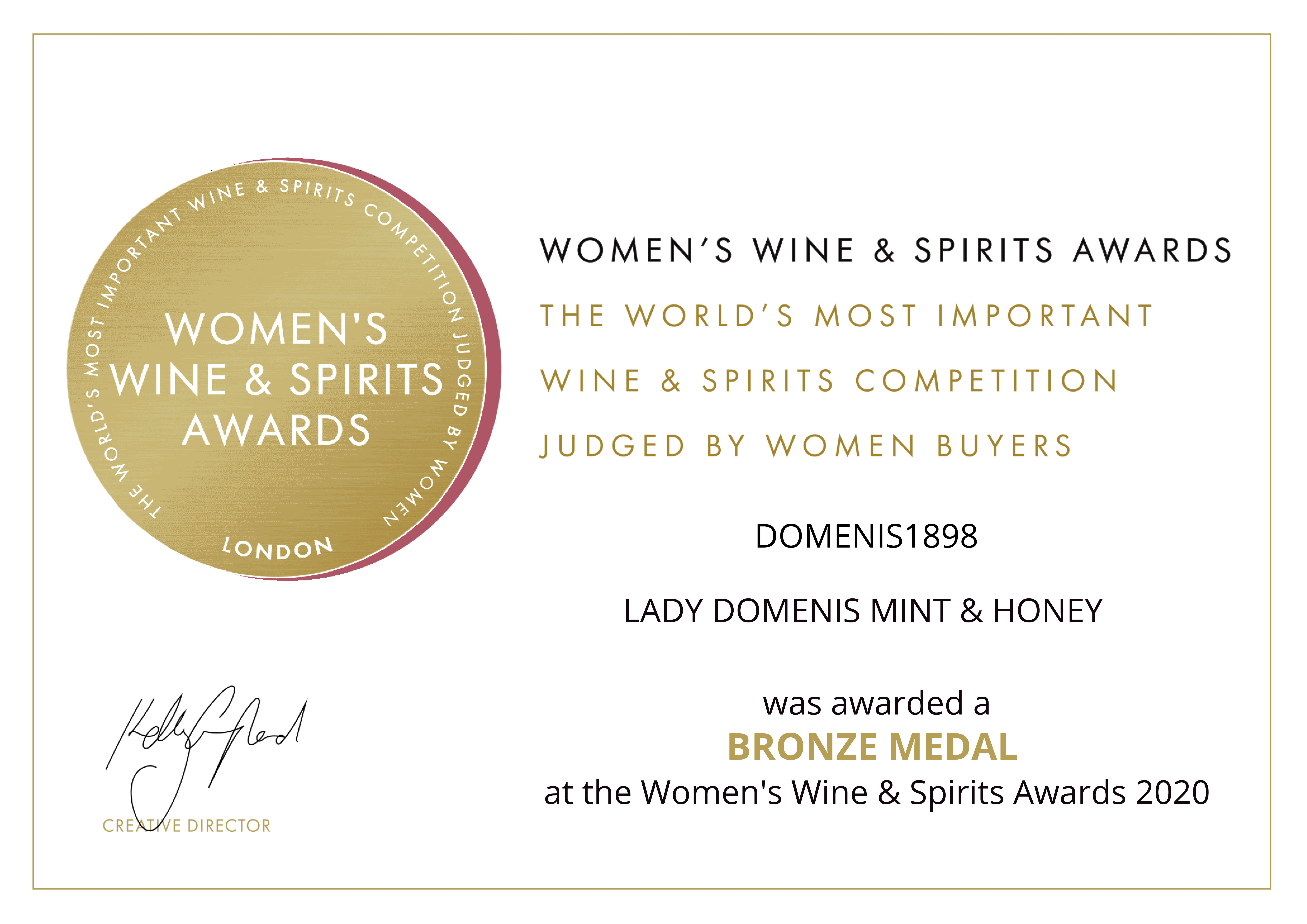 WOMEN’S WINE & SPIRIT AWARDS 2020 – BRONZE – LADY Domenis – Mint & honey