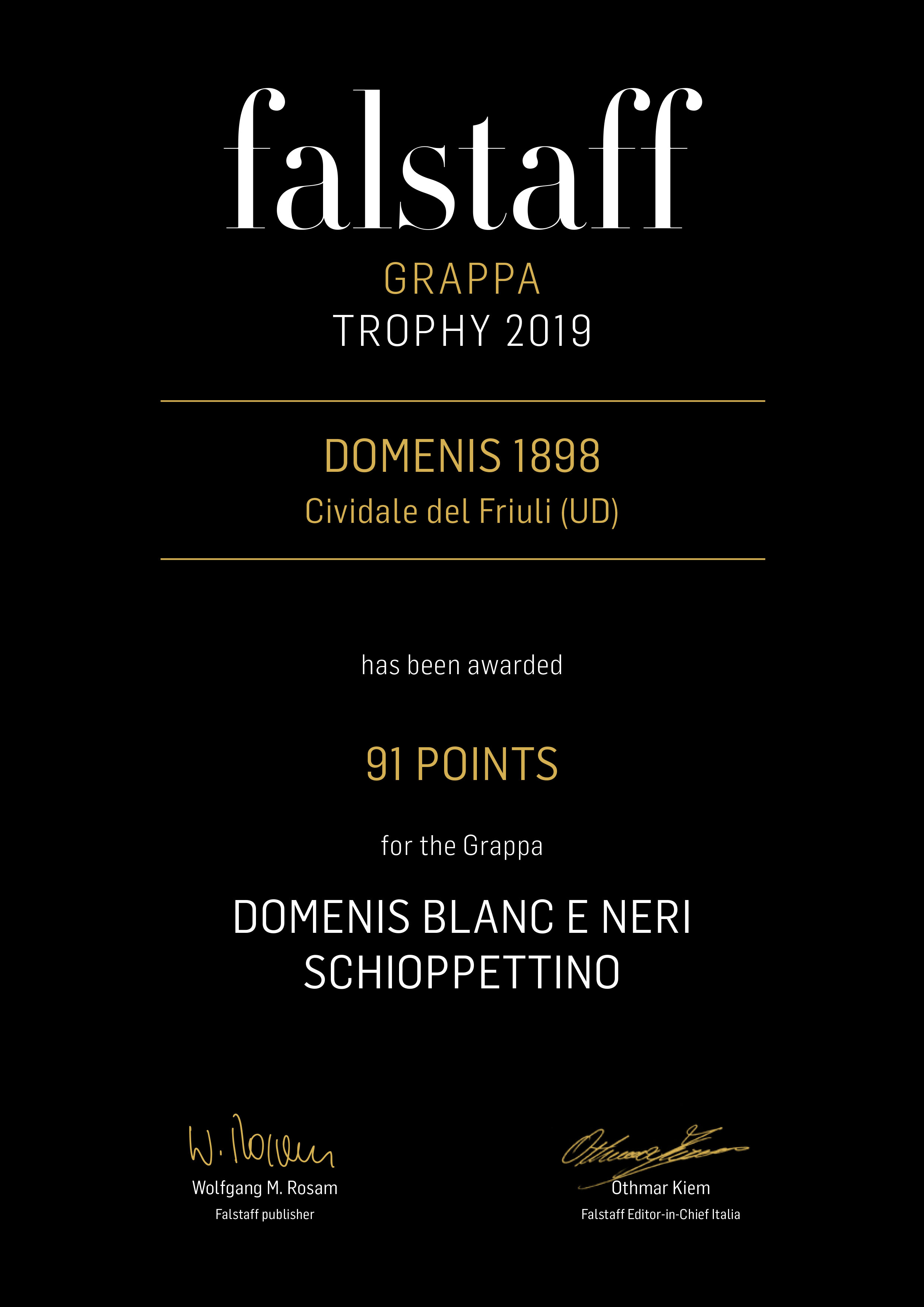 FALSTAFF GRAPPA TROPHY 2019 – BLANC E NERI SCHIOPPETTINO