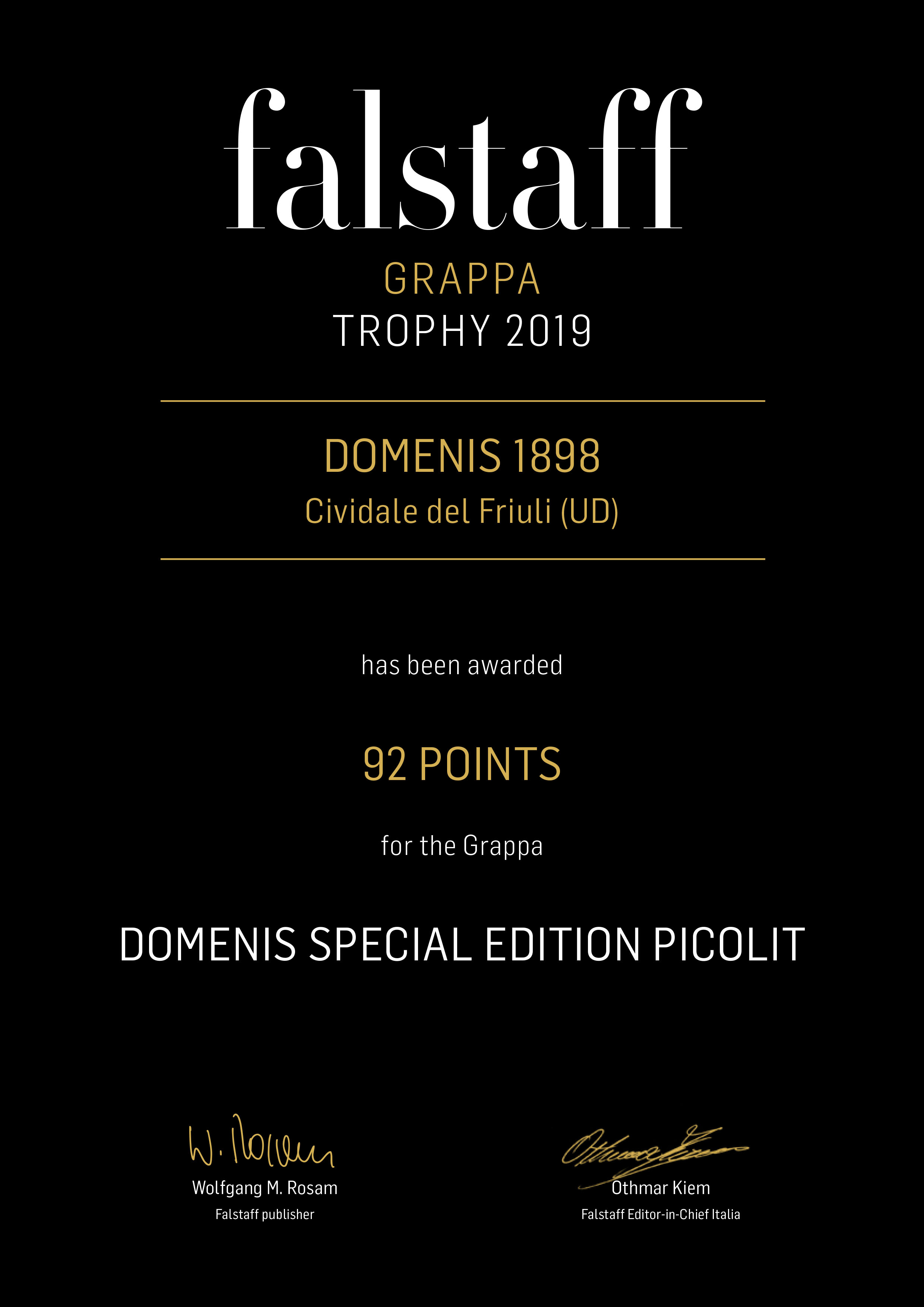 FALSTAFF GRAPPA TROPHY 2019 – DOMENIS SPECIAL EDITION PICOLIT