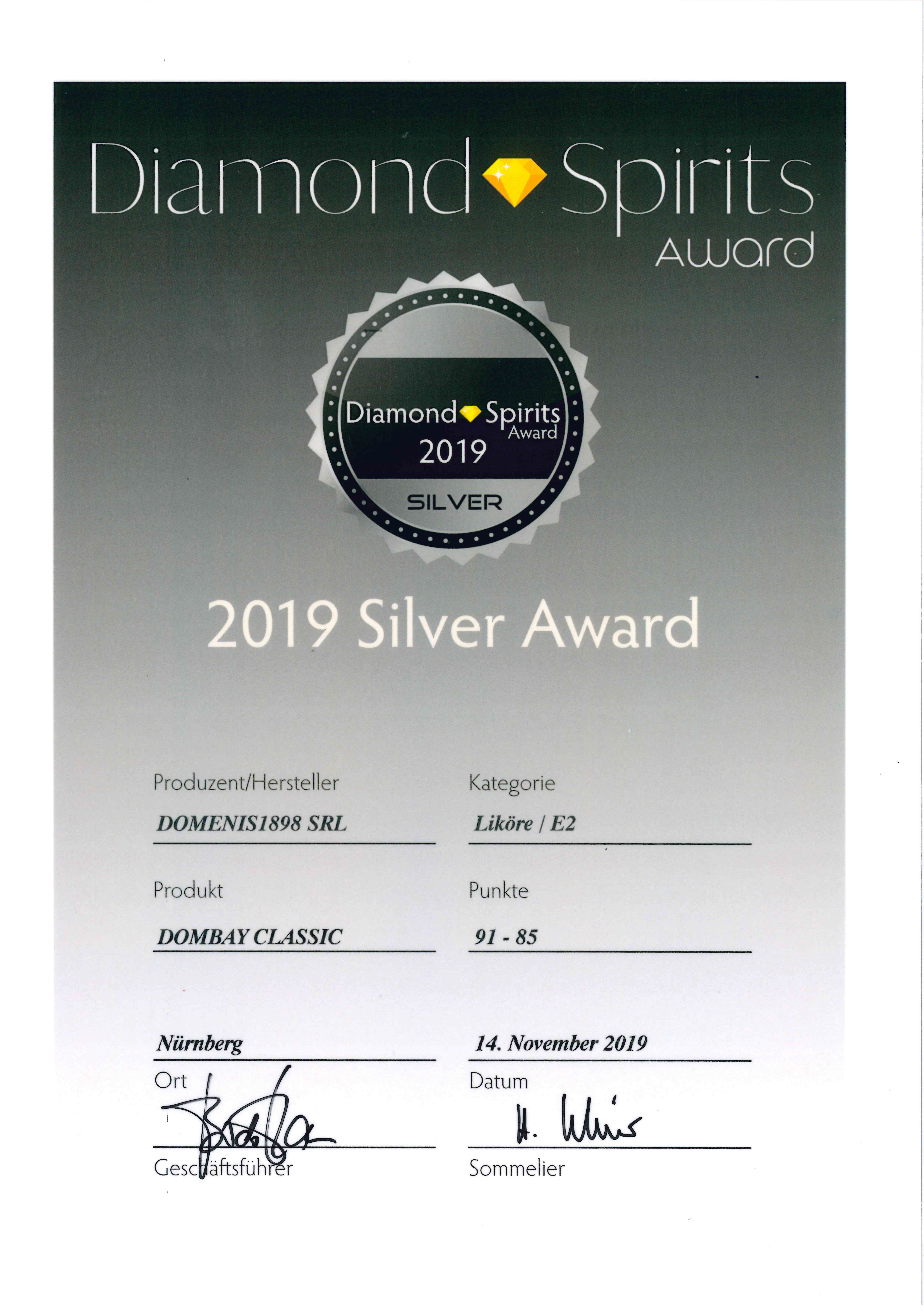 DIAMOND SPIRITS AWARD 2019 – SILVER – DOMBAY CLASSIC