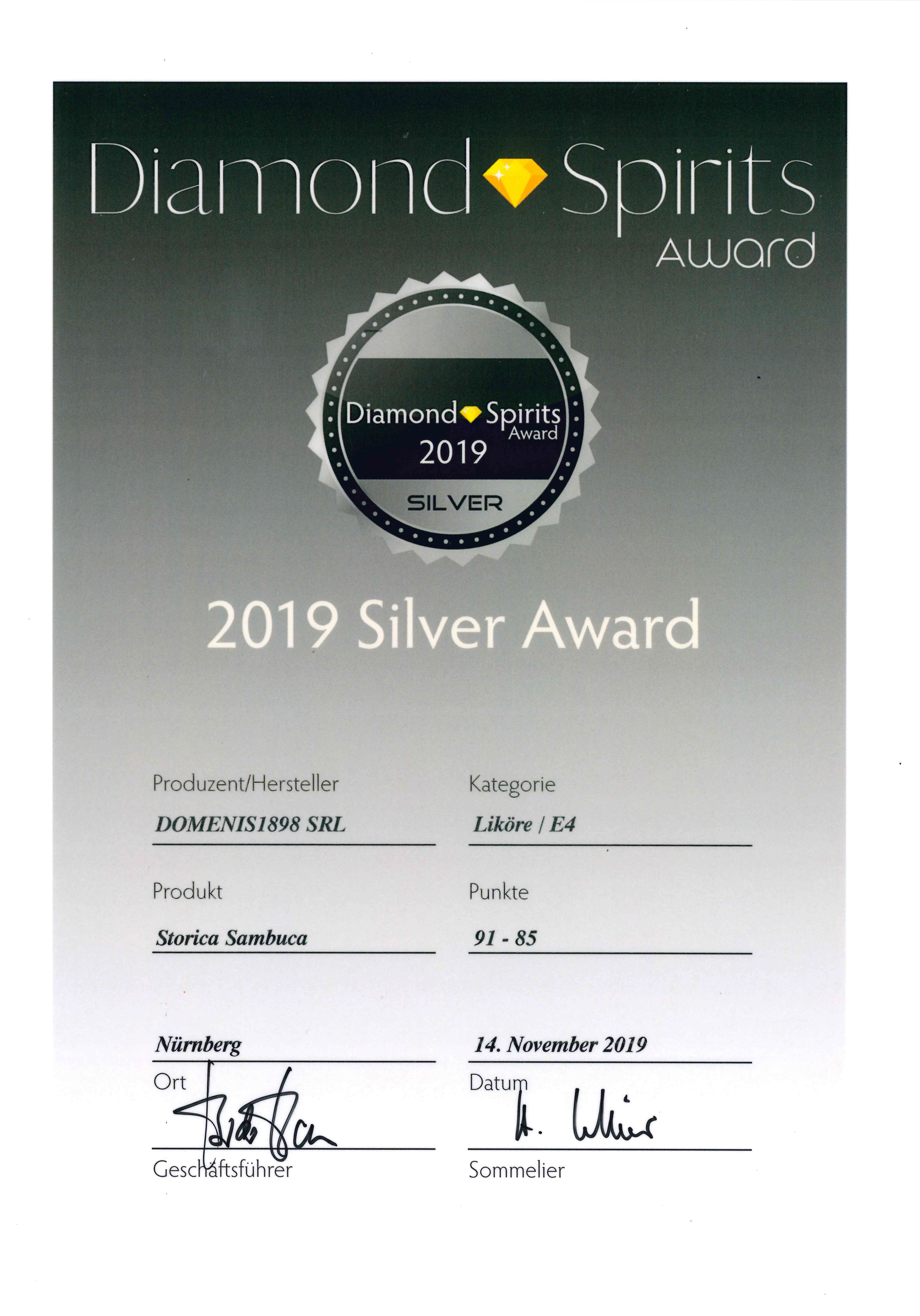 DIAMOND SPIRITS AWARD 2019 – SILVER – STORICA SAMBUCA