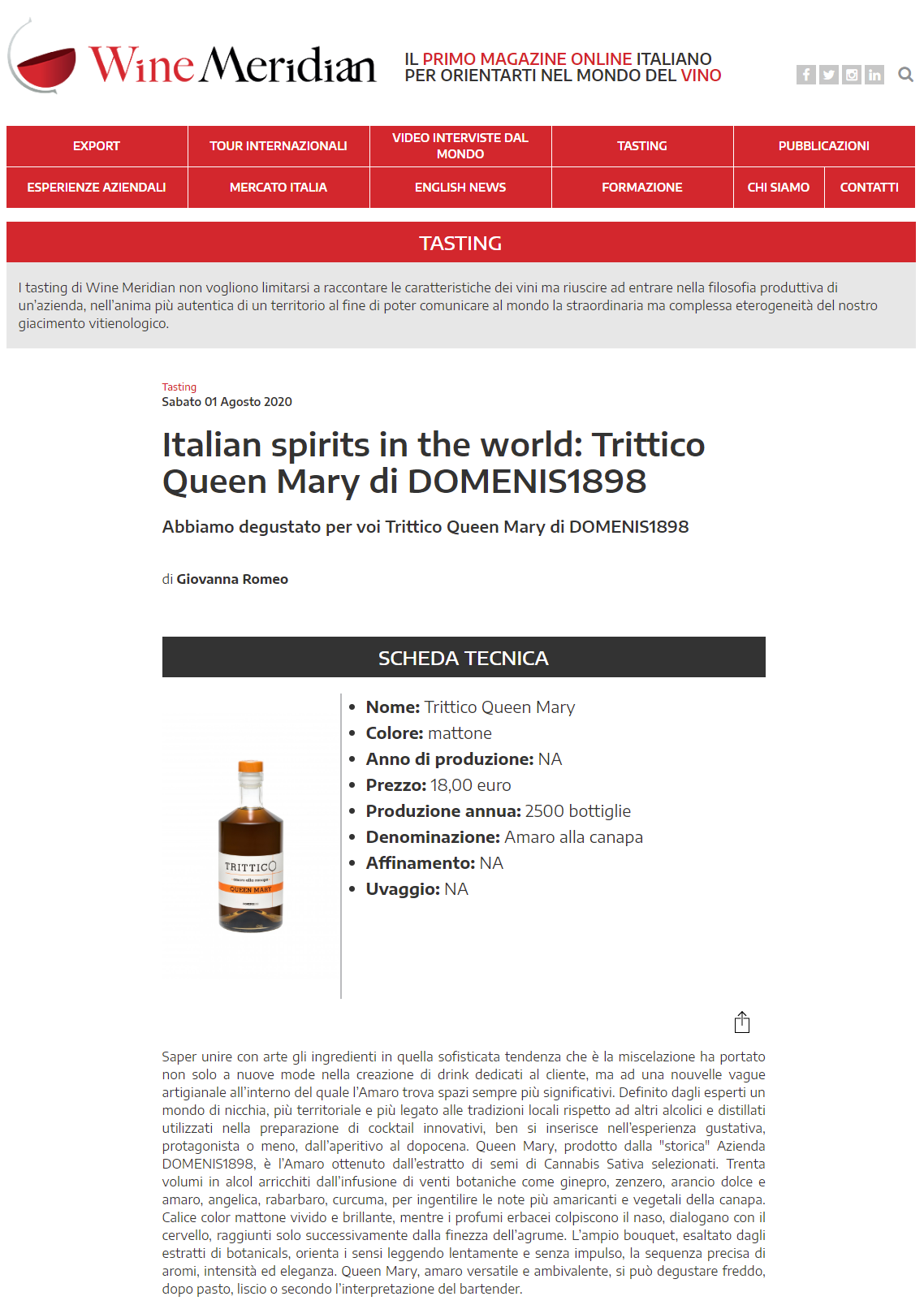 2020 agosto 01: WineMeridian – Italian spirits in the world: Trittico Queen Mary