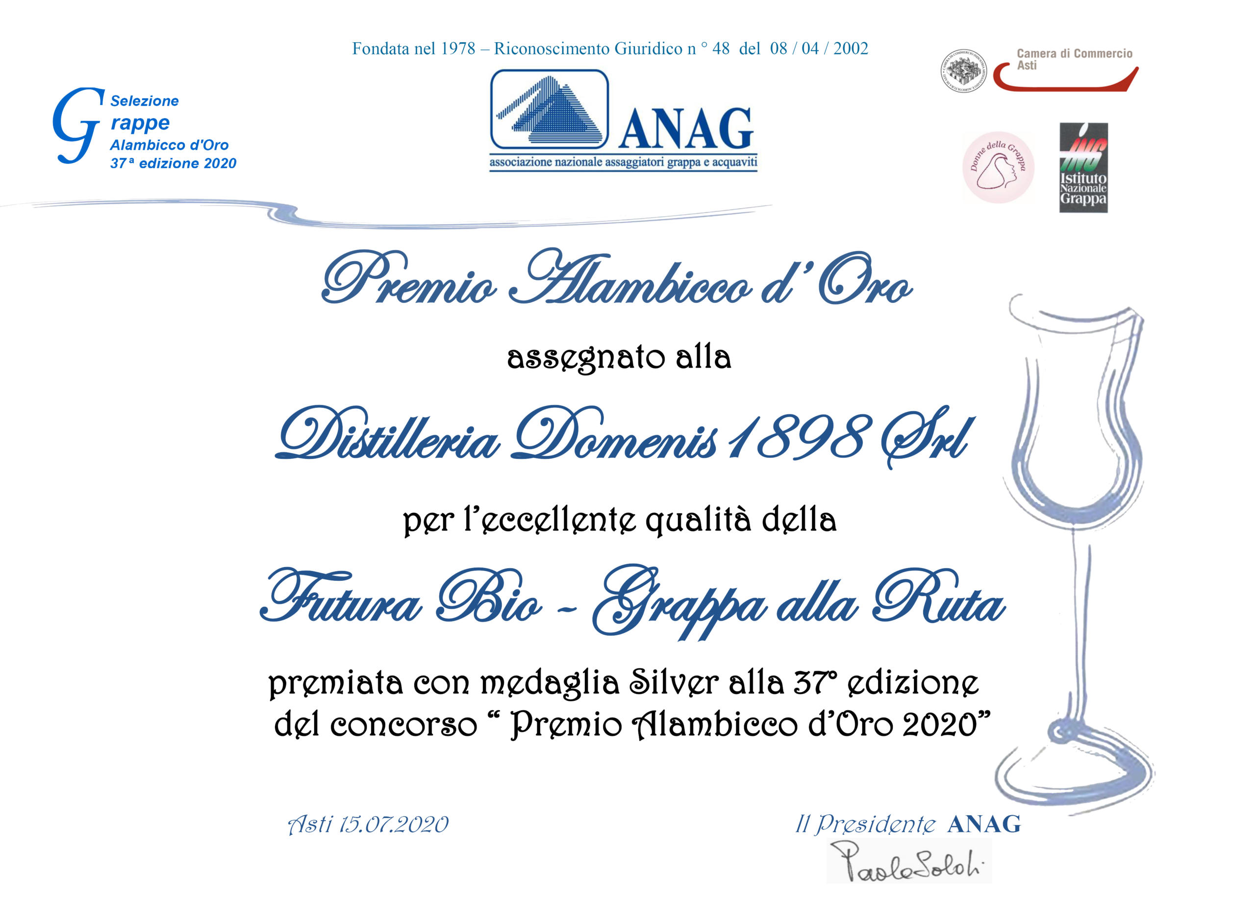 Premio Alambicco d’Oro 2020 – FUTURA BIO GRAPPA ALLA RUTA