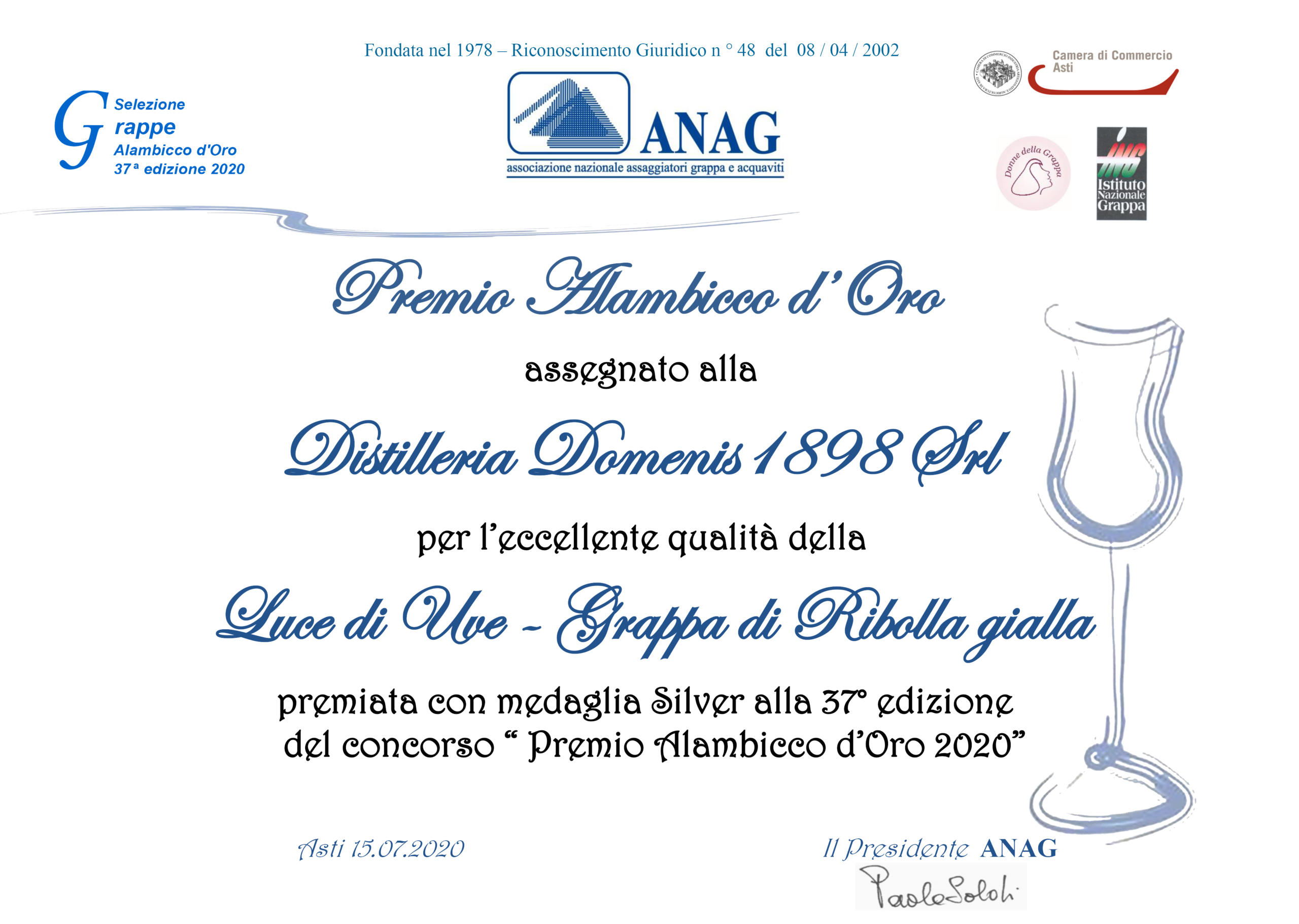 Premio Alambicco d’Oro 2020 – LUCE DI UVE GRAPPA DI RIBOLLA GIALLA