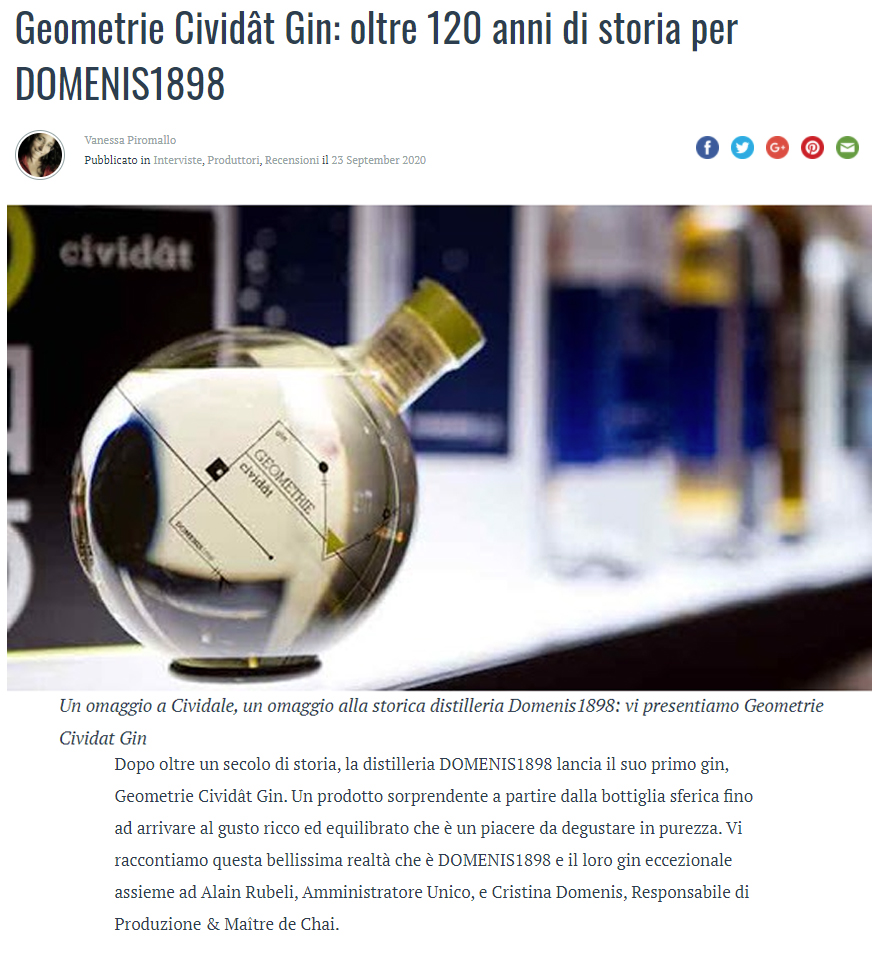 2020 settembre 23: ilGIN.it – Geometrie Cividât Gin: oltre 120 anni di storia per DOMENIS1898