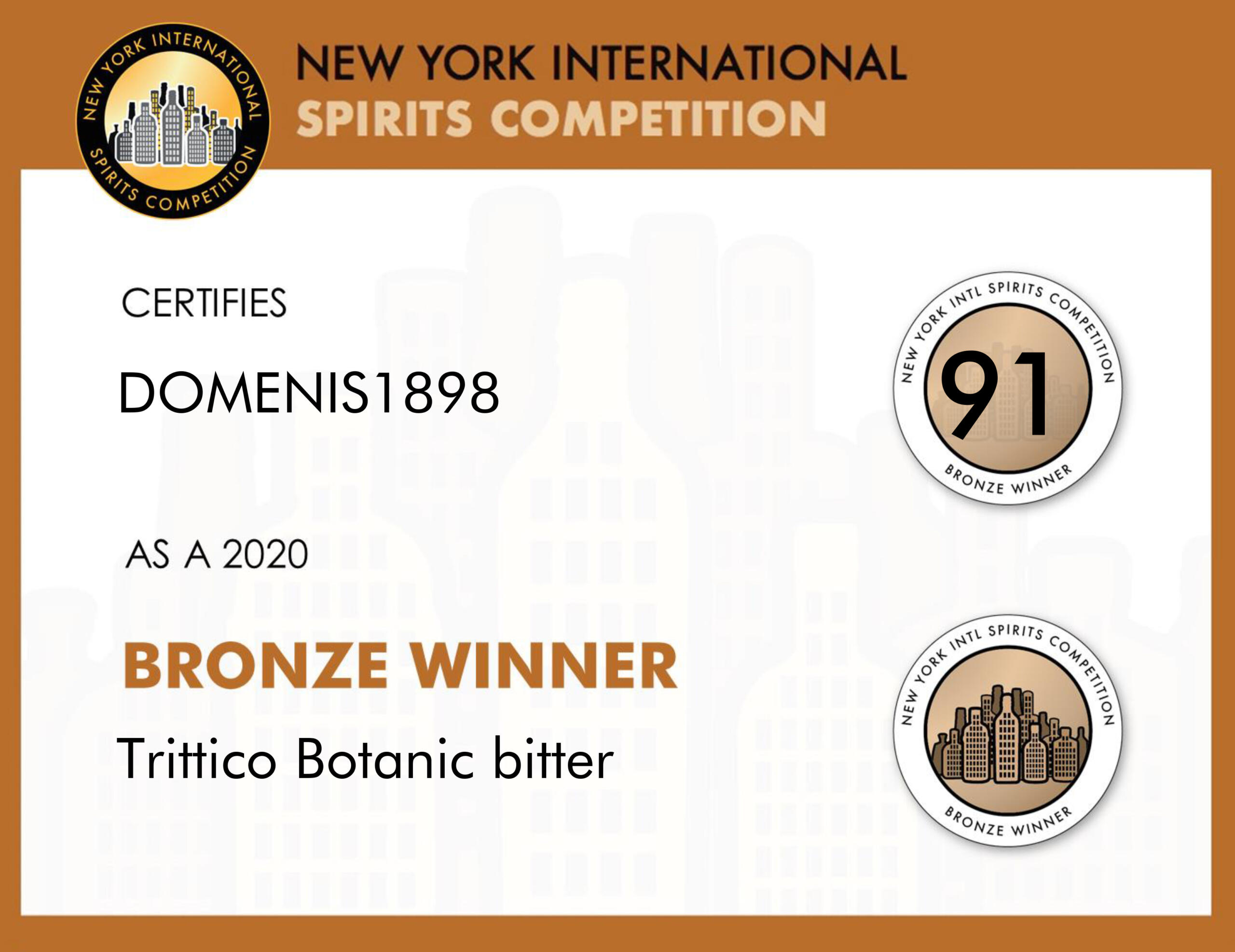 New York Intl Spirits Competition 2020 – Bronze Winner – Trittico Botanic bitter