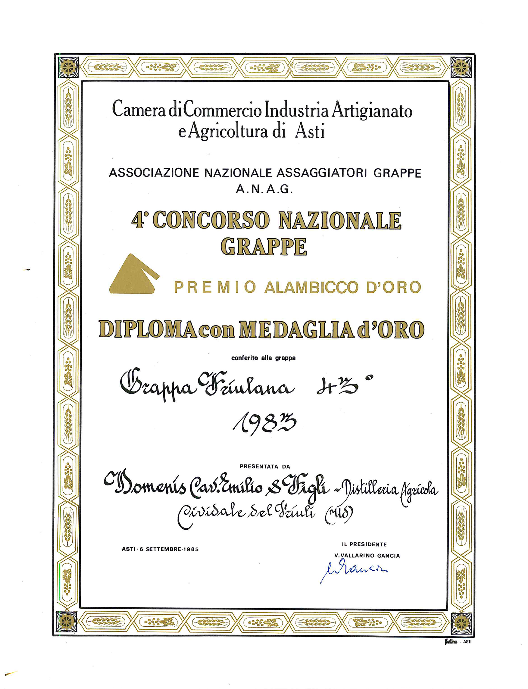 Premio Alambicco d’Oro 1985 – Grappa Friulana 43° 1983