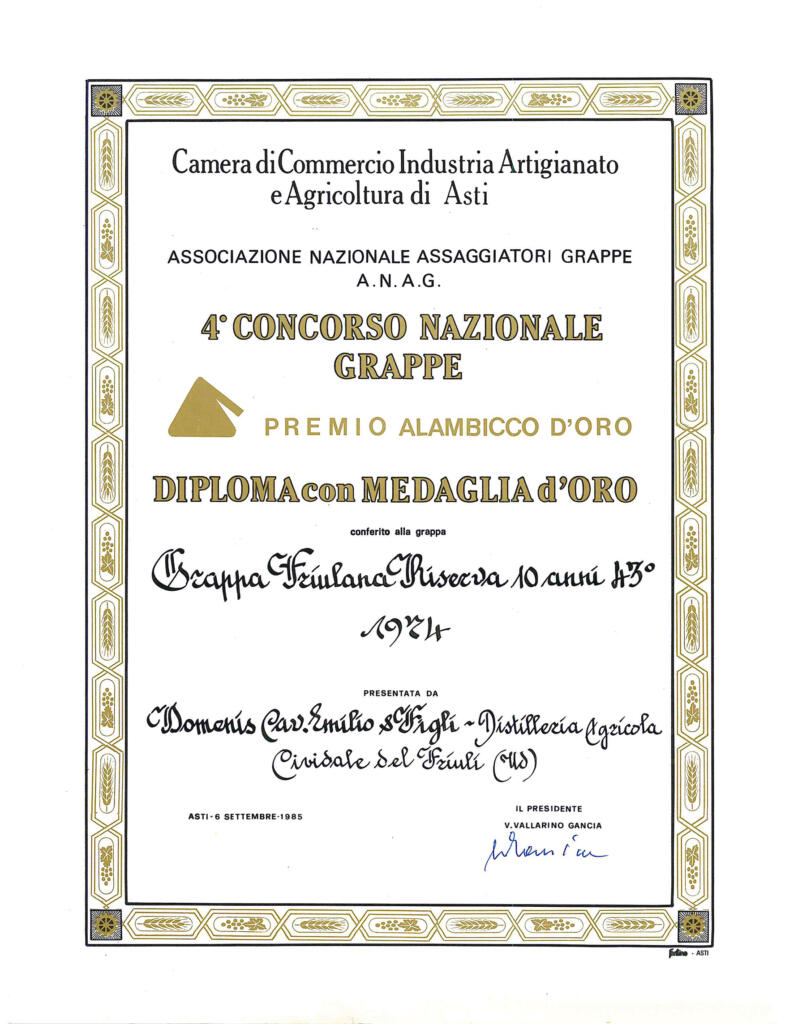 Premio Alambicco d'Oro 1985 - Grappa Friulana Riserva 10 Anni 43° 1974
