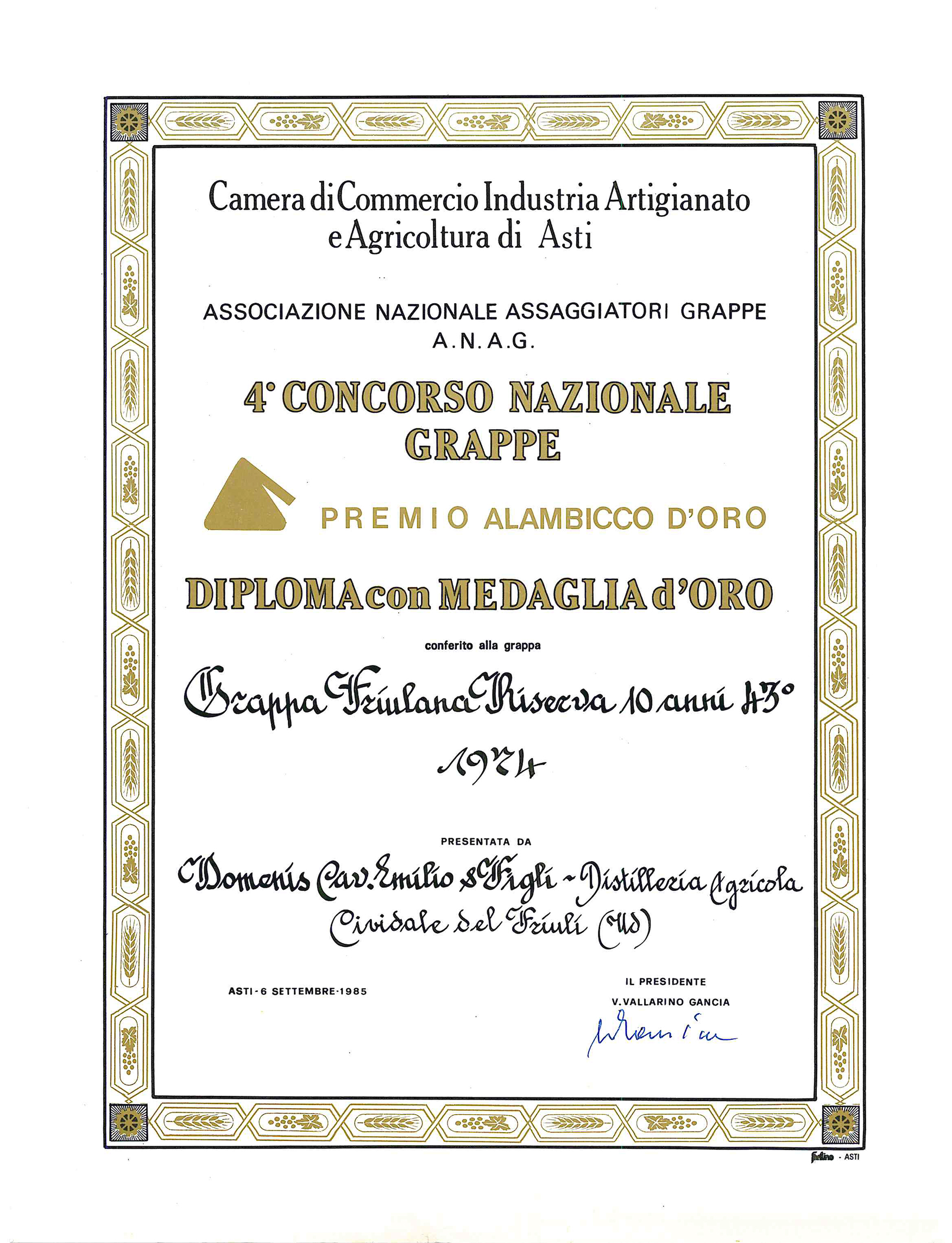 Premio Alambicco d’Oro 1985 – Grappa Friulana Riserva 10 Anni 43° 1974