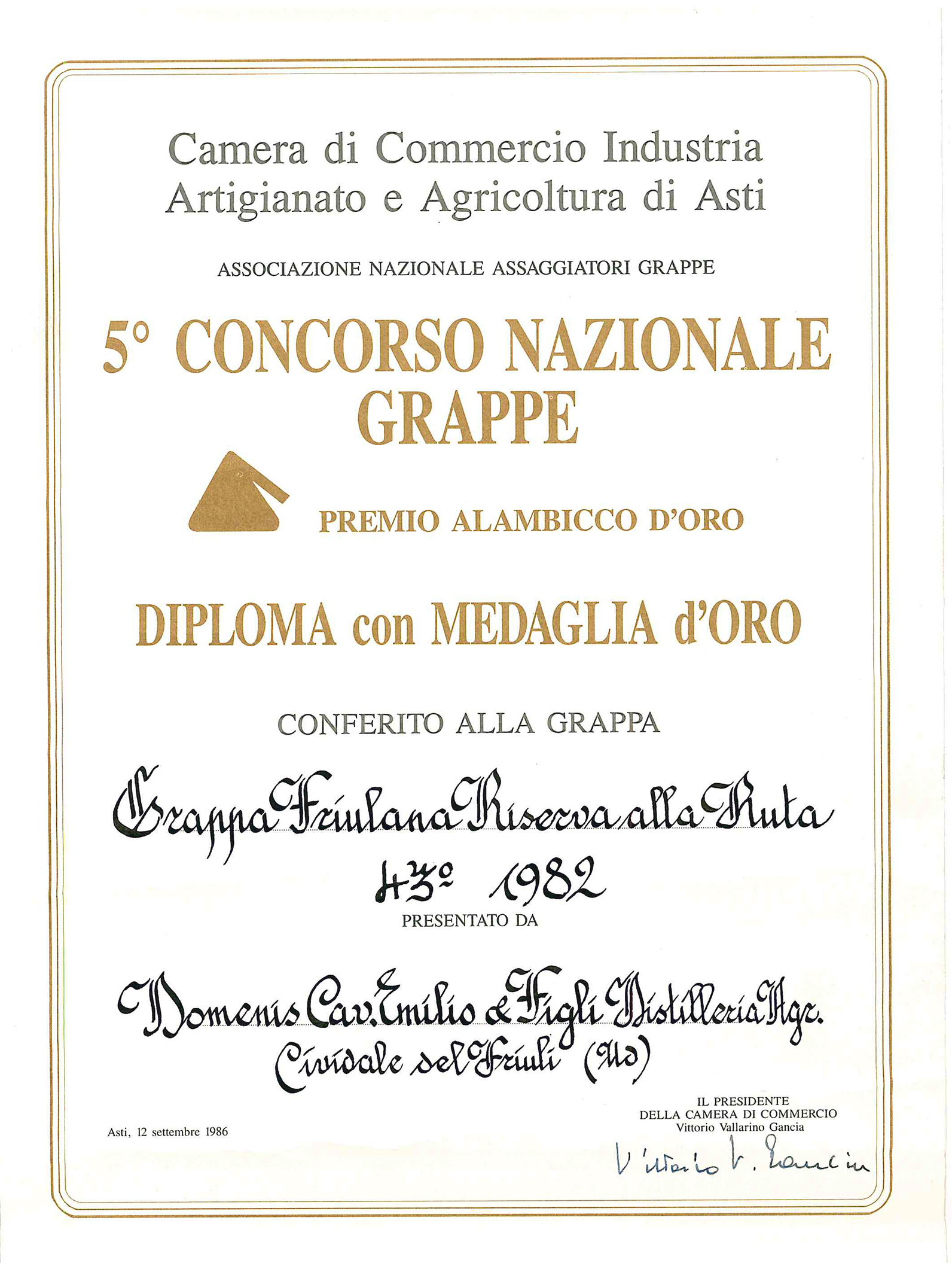 Premio Alambicco d’Oro 1986 – Grappa Friulana Riserva alla Ruta 43° 1982