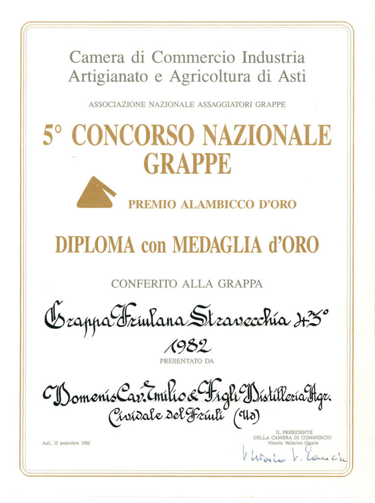 Premio Alambicco d'Oro 1986 - Grappa Friulana Stravecchia 43° 1982