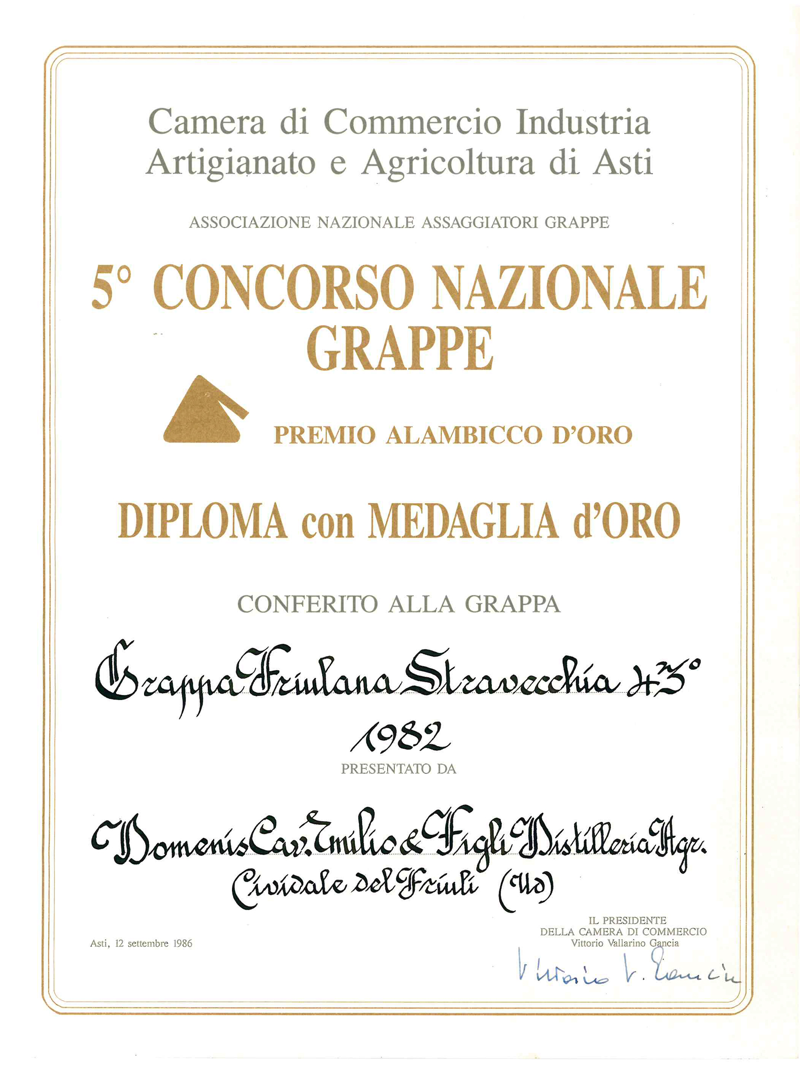 Premio Alambicco d’Oro 1986 – Grappa Friulana Stravecchia 43° 1982