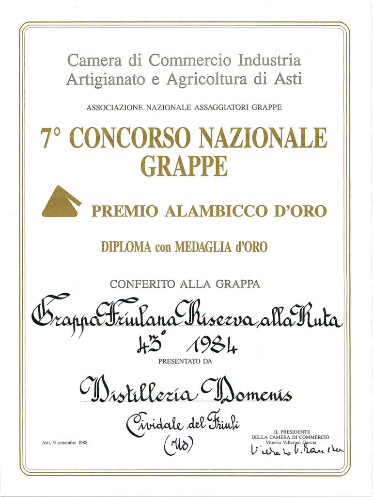 Premio Alambicco d'Oro 1988 - Grappa Friulana Riserva alla Ruta 43° 1984