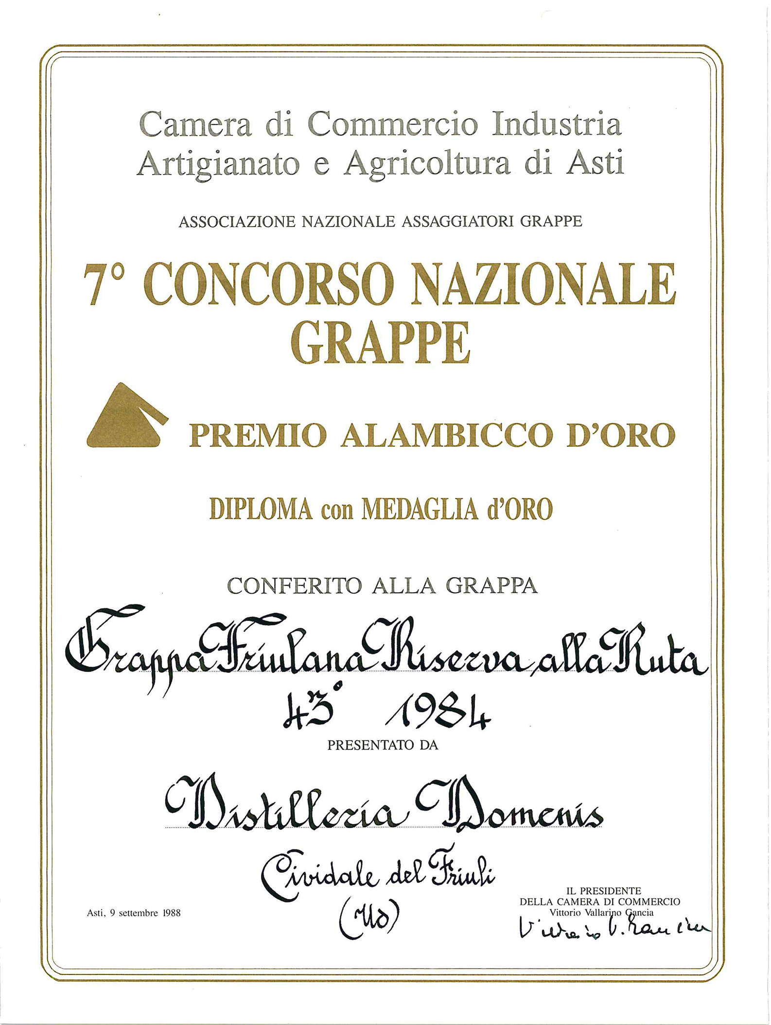 Premio Alambicco d’Oro 1988 – Grappa Friulana Riserva alla Ruta 43° 1984
