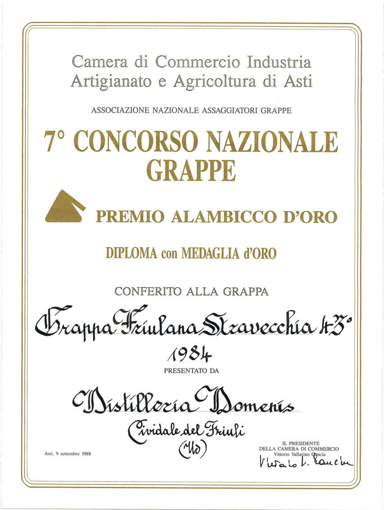 Premio Alambicco d'Oro 1988 - Grappa Friulana Stravecchia 43° 1984