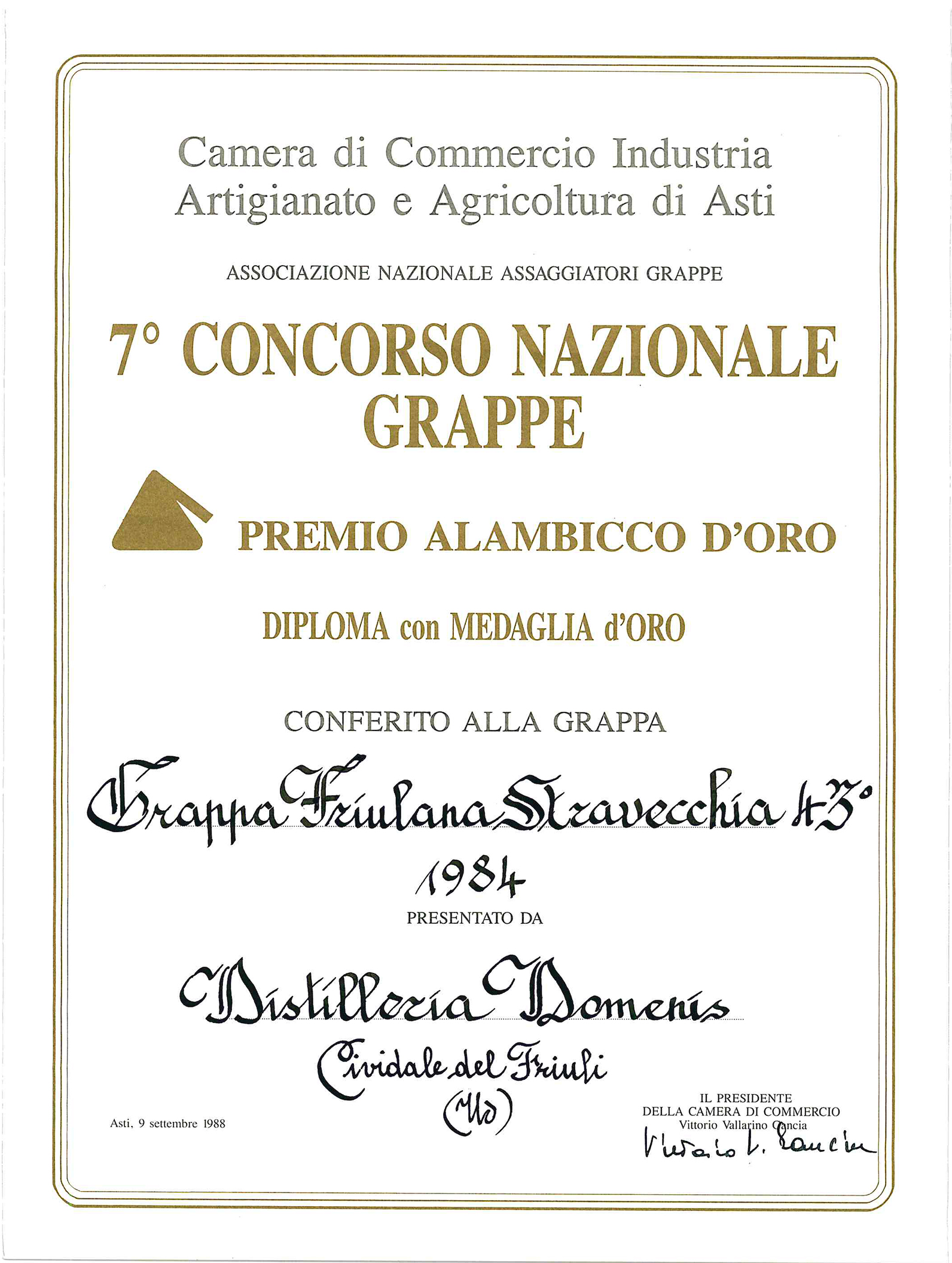 Premio Alambicco d’Oro 1988 – Grappa Friulana Stravecchia 43° 1984