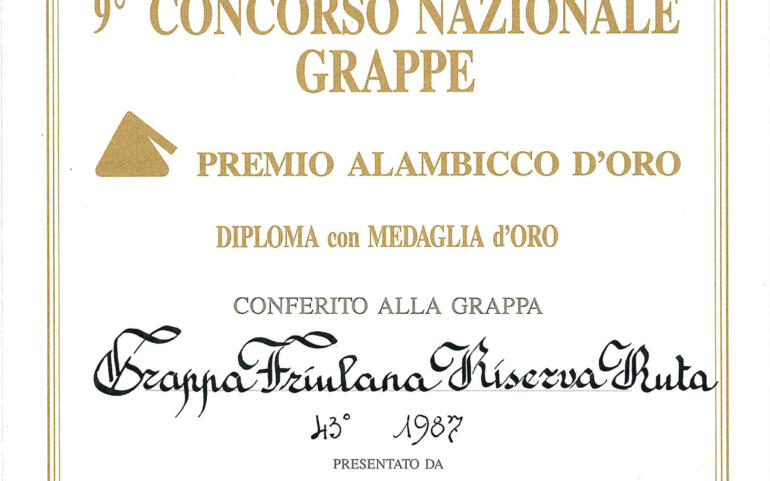 Premio Alambicco d’Oro 1990 – Grappa Friulana Riserva Ruta 43° 1987