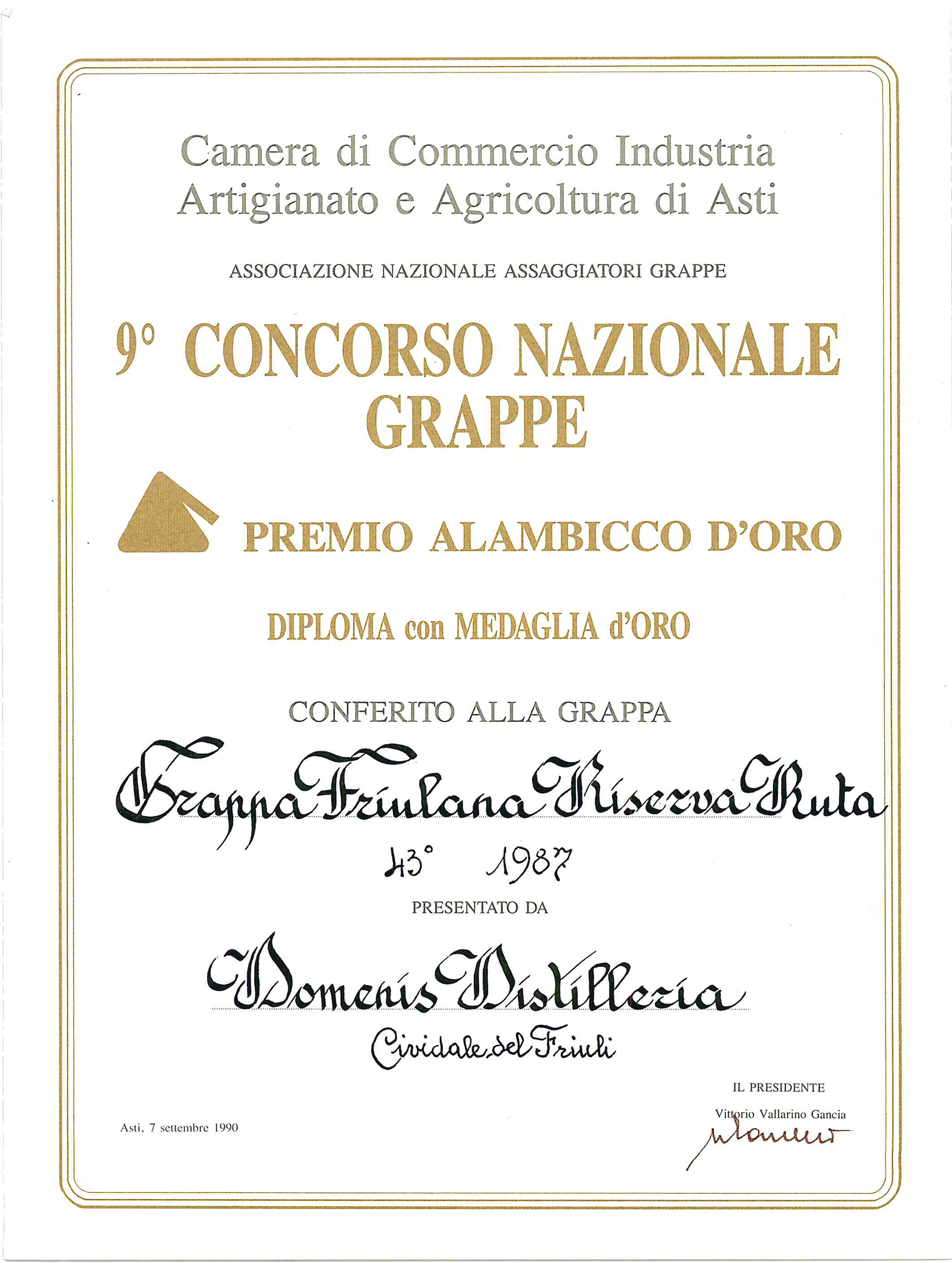 Premio Alambicco d’Oro 1990 – Grappa Friulana Riserva Ruta 43° 1987