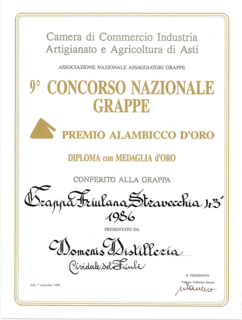 Premio Alambicco d'Oro 1990 - Grappa Friulana Stravecchia 43° 1986