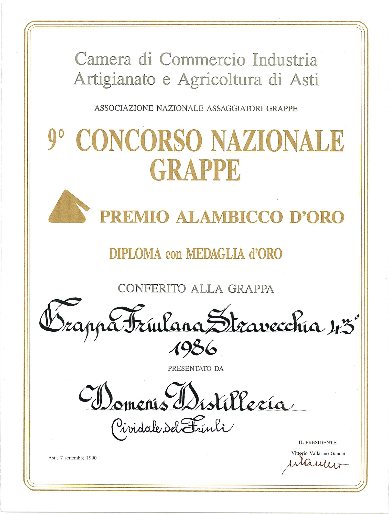 Premio Alambicco d’Oro 1990 – Grappa Friulana Stravecchia 43° 1986