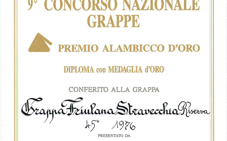 Premio Alambicco d’Oro 1990 – Grappa Friulana Stravecchia Riserva 45° 1976