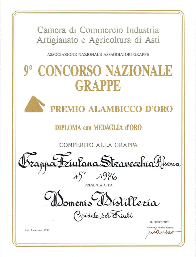 Premio Alambicco d'Oro 1990 - Grappa Friulana Stravecchia Riserva 45° 1976