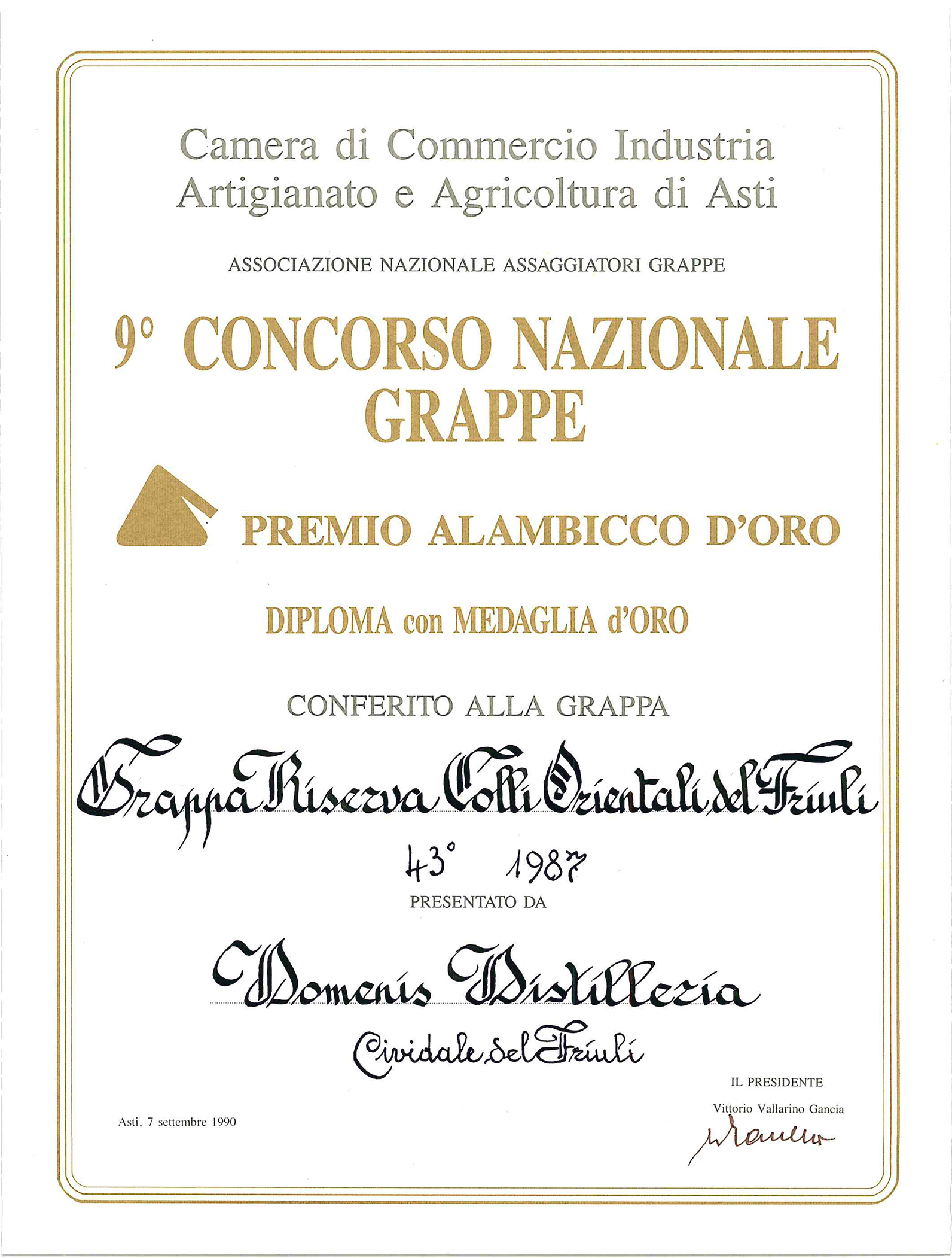 Premio Alambicco d’Oro 1990 – Grappa Riserva Colli Orientali del Friuli 43° 1987