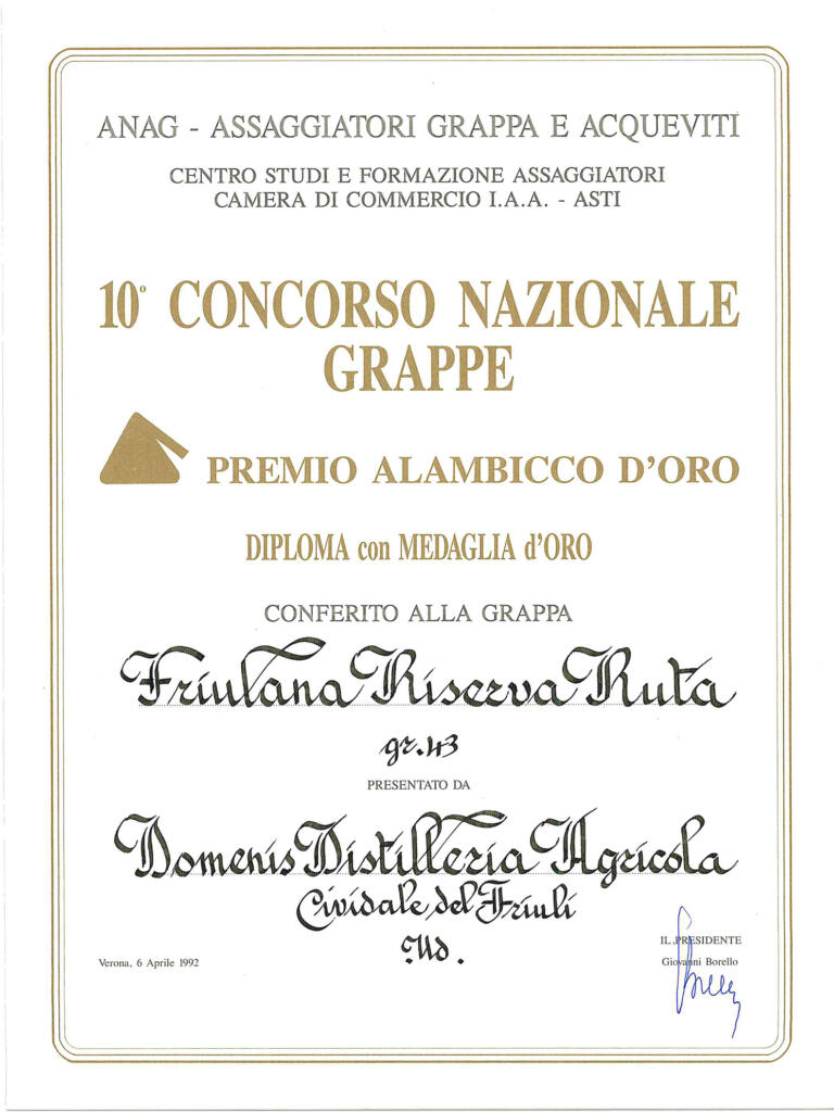 Premio Alambicco d'Oro 1992 - Grappa Friulana Riserva Ruta 43°