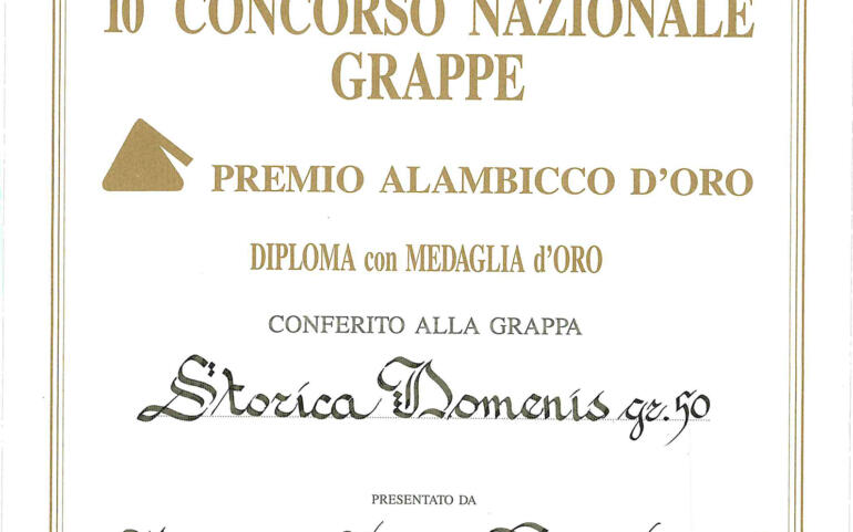 Premio Alambicco d’Oro 1992 – Grappa Storica Domenis 50°