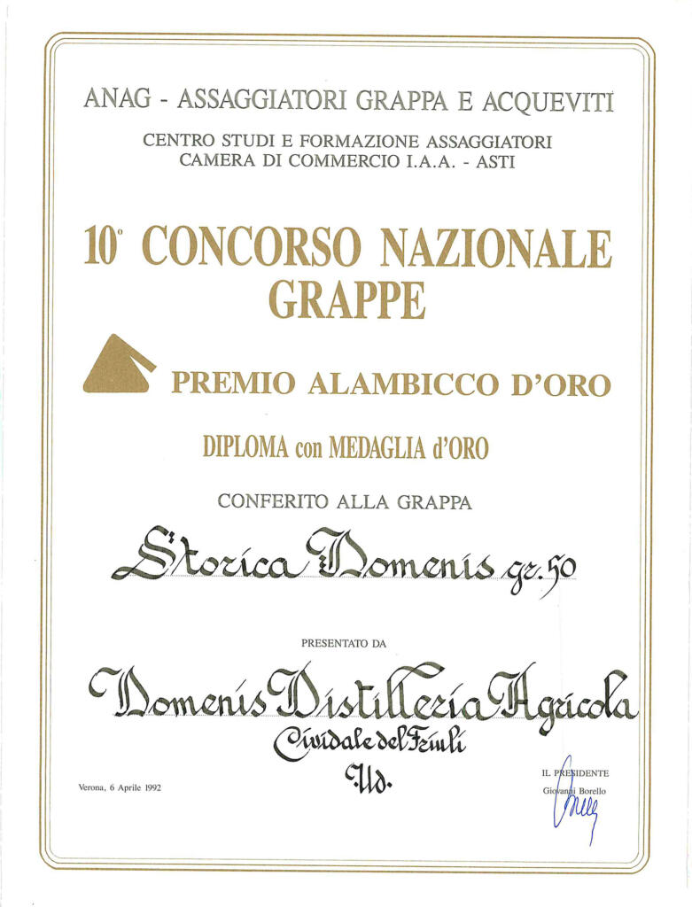 Premio Alambicco d'Oro 1992 - Grappa Storica Domenis 50°