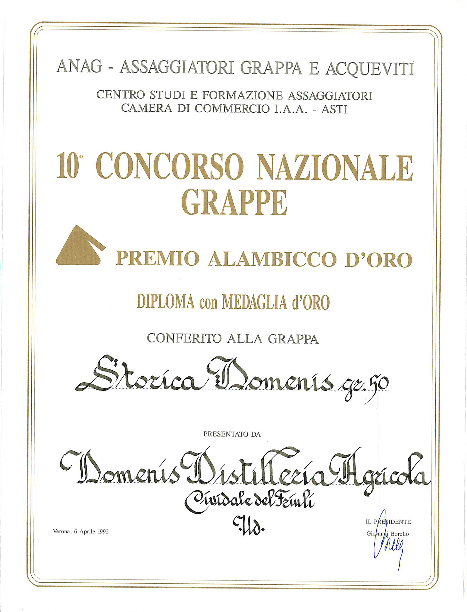 Premio Alambicco d’Oro 1992 – Grappa Storica Domenis 50°