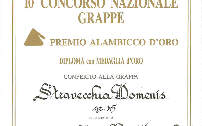 Premio Alambicco d’Oro 1992 – Grappa Stravecchia Domenis 45°