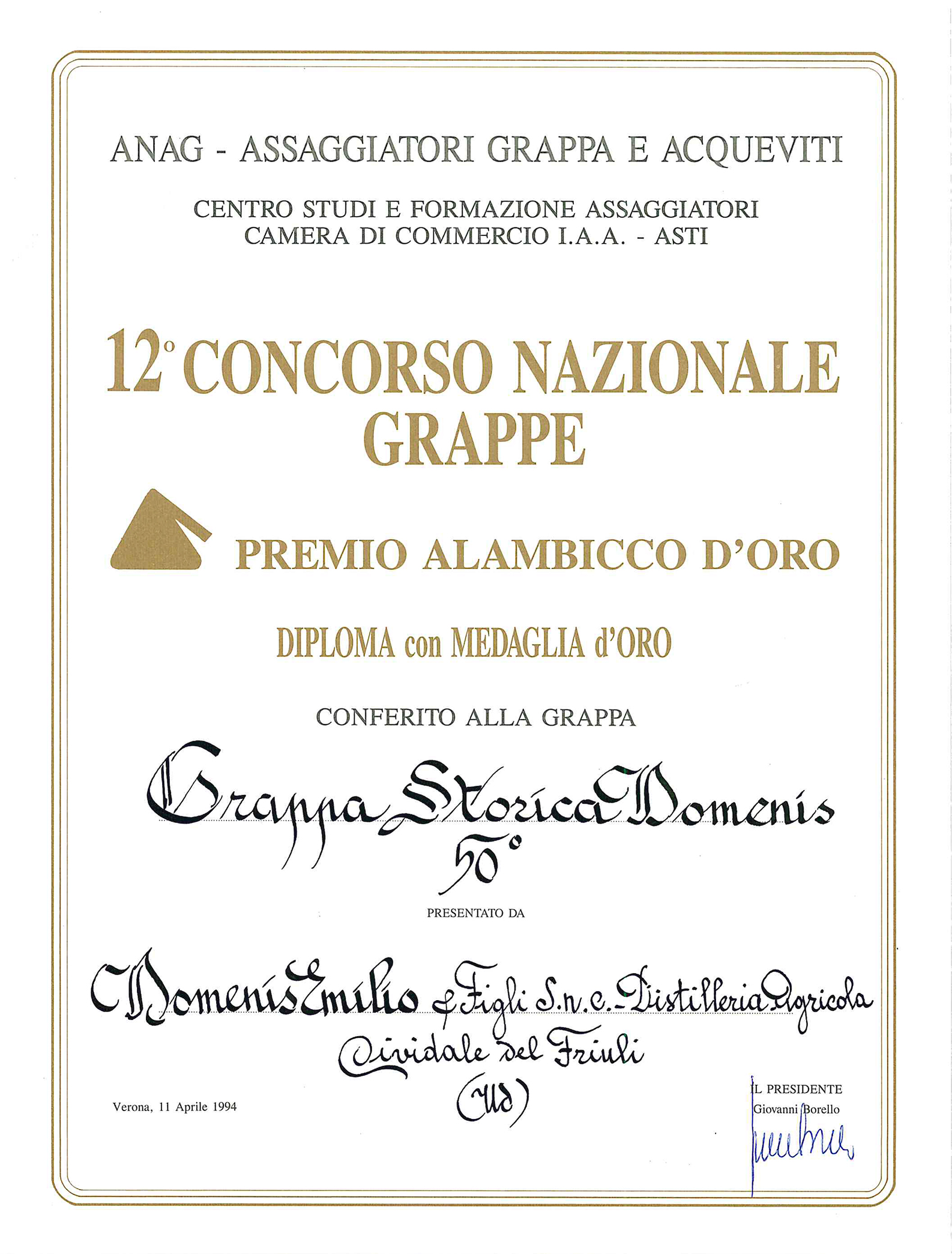 Premio Alambicco d’Oro 1994 – Grappa Storica Domenis 50°