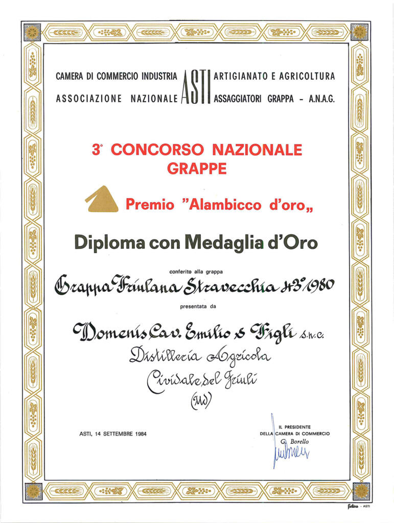 Premio Alambicco d'Oro 1984 - Grappa Friulana Stravecchia 43° 1980