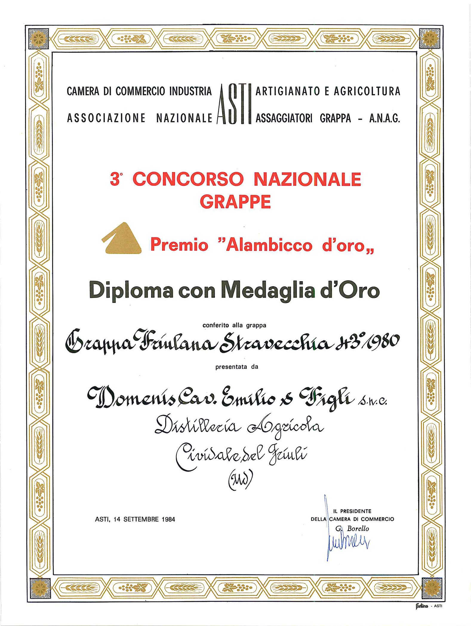 Premio Alambicco d’Oro 1984 – Grappa Friulana Stravecchia 43° 1980