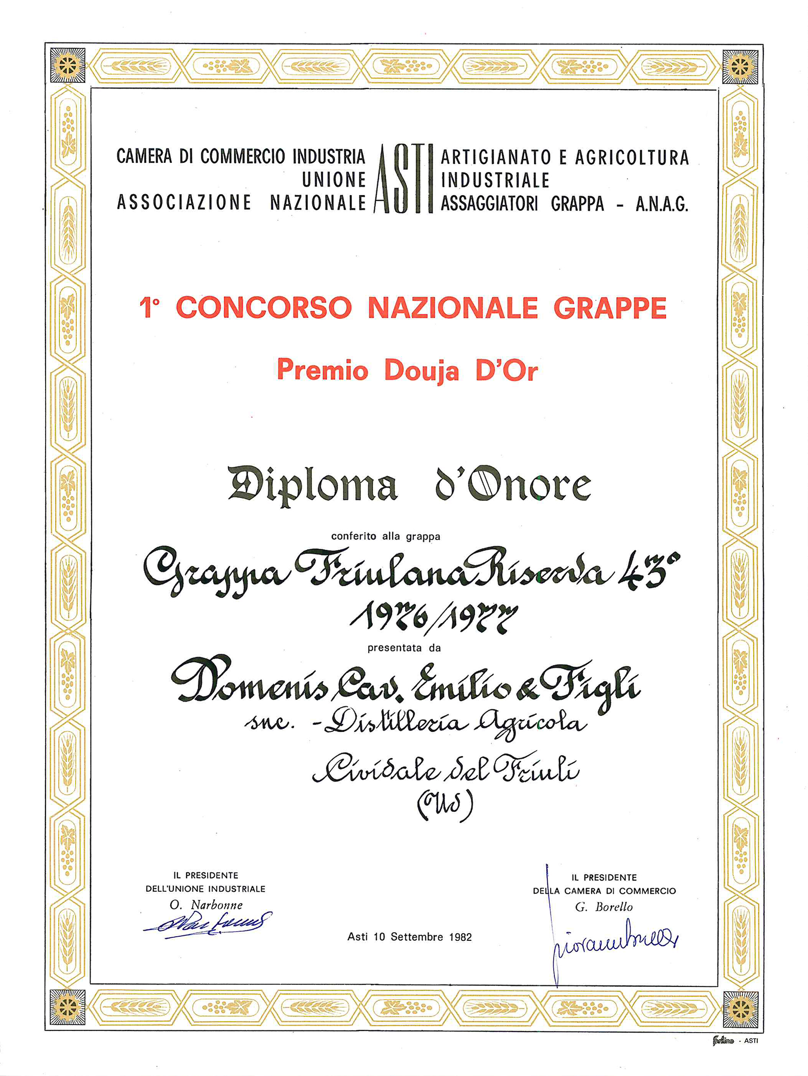 Premio Douja d’Or 1982 – Grappa Friulana Riserva 43° 1976-77