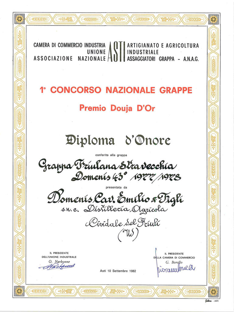 Premio Douja d'Or 1982 - Grappa Friulana Stravecchia Domenis 43° 1977-78