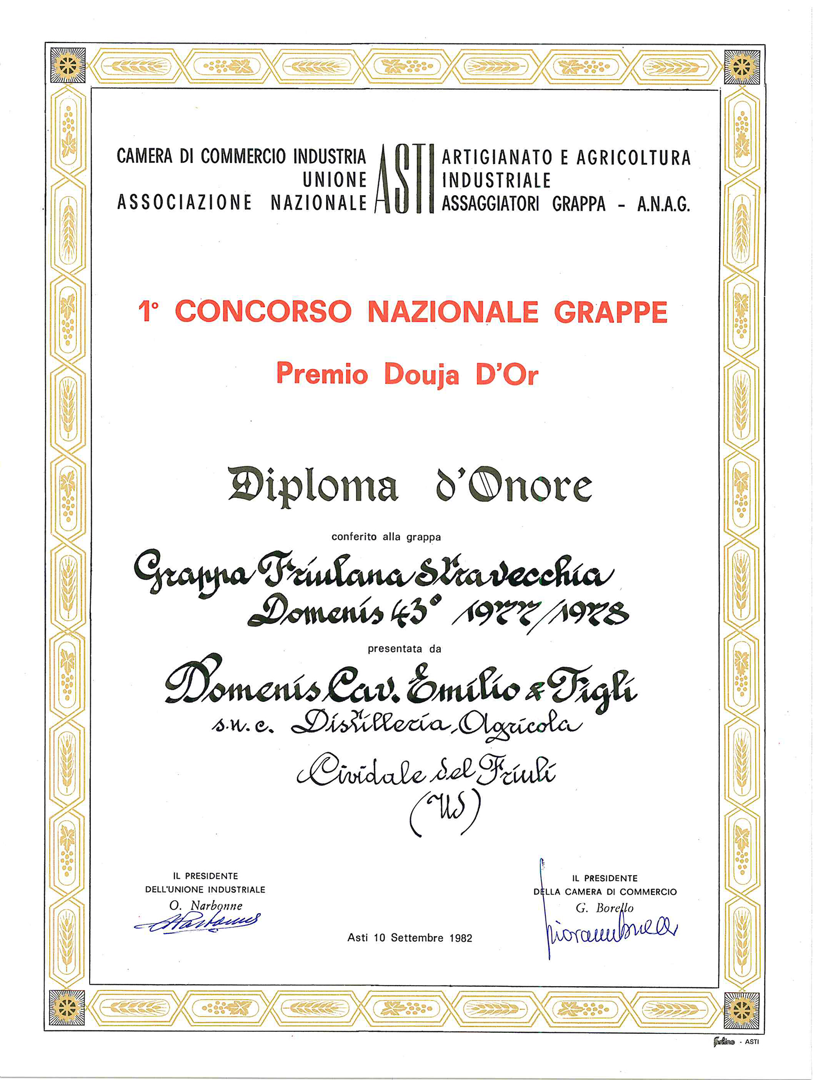 Premio Douja d’Or 1982 – Grappa Friulana Stravecchia Domenis 43° 1977-78